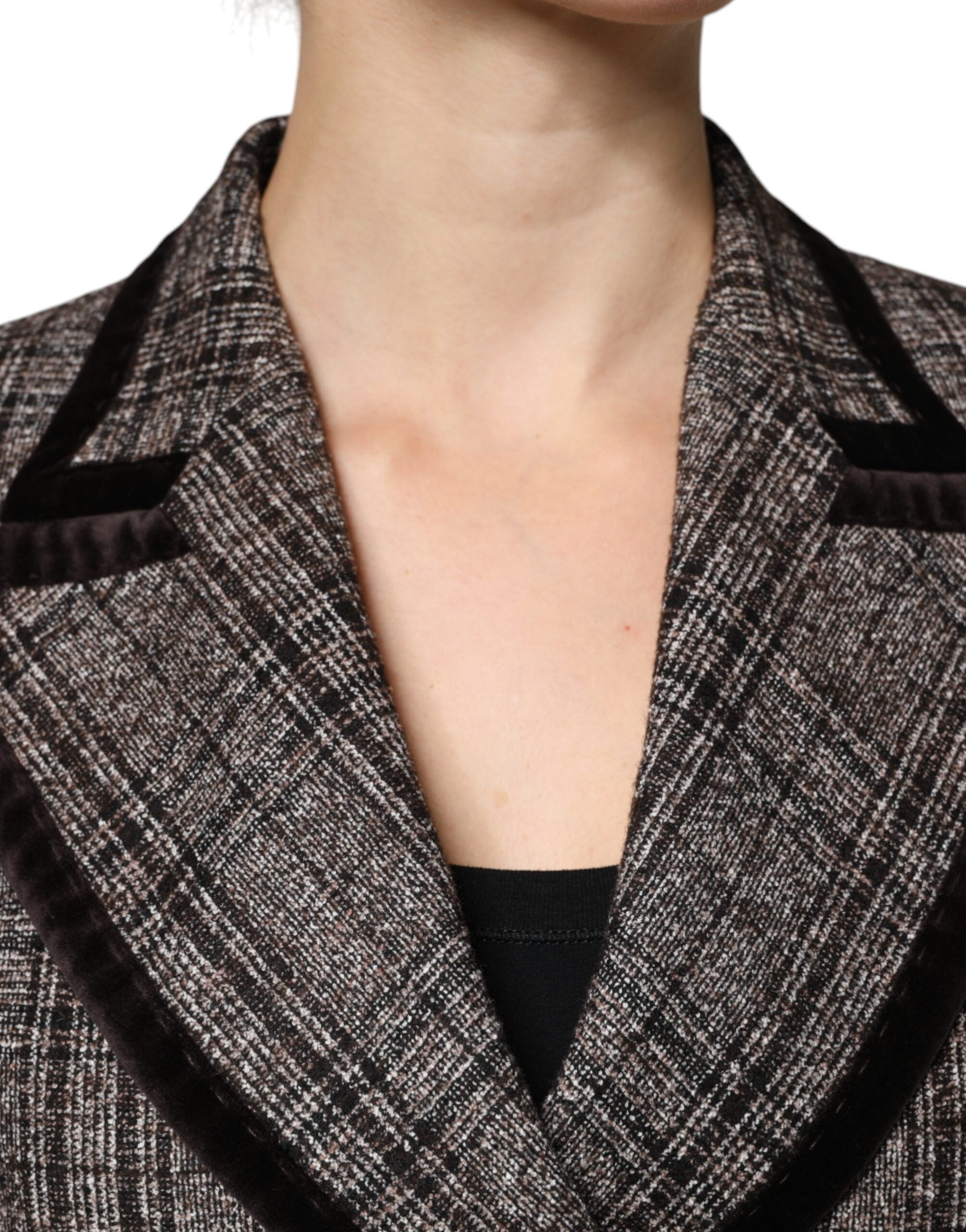 Veste courte en laine à carreaux marron de Dolce & Gabbana, coupe longue à manches longues, style élégant et sophistiqué.