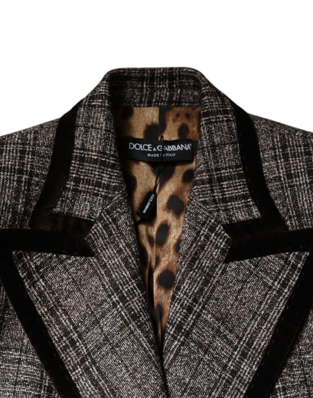 Veste courte en laine à carreaux marron de Dolce & Gabbana avec manches longues et coupe crop, style élégant et moderne.
