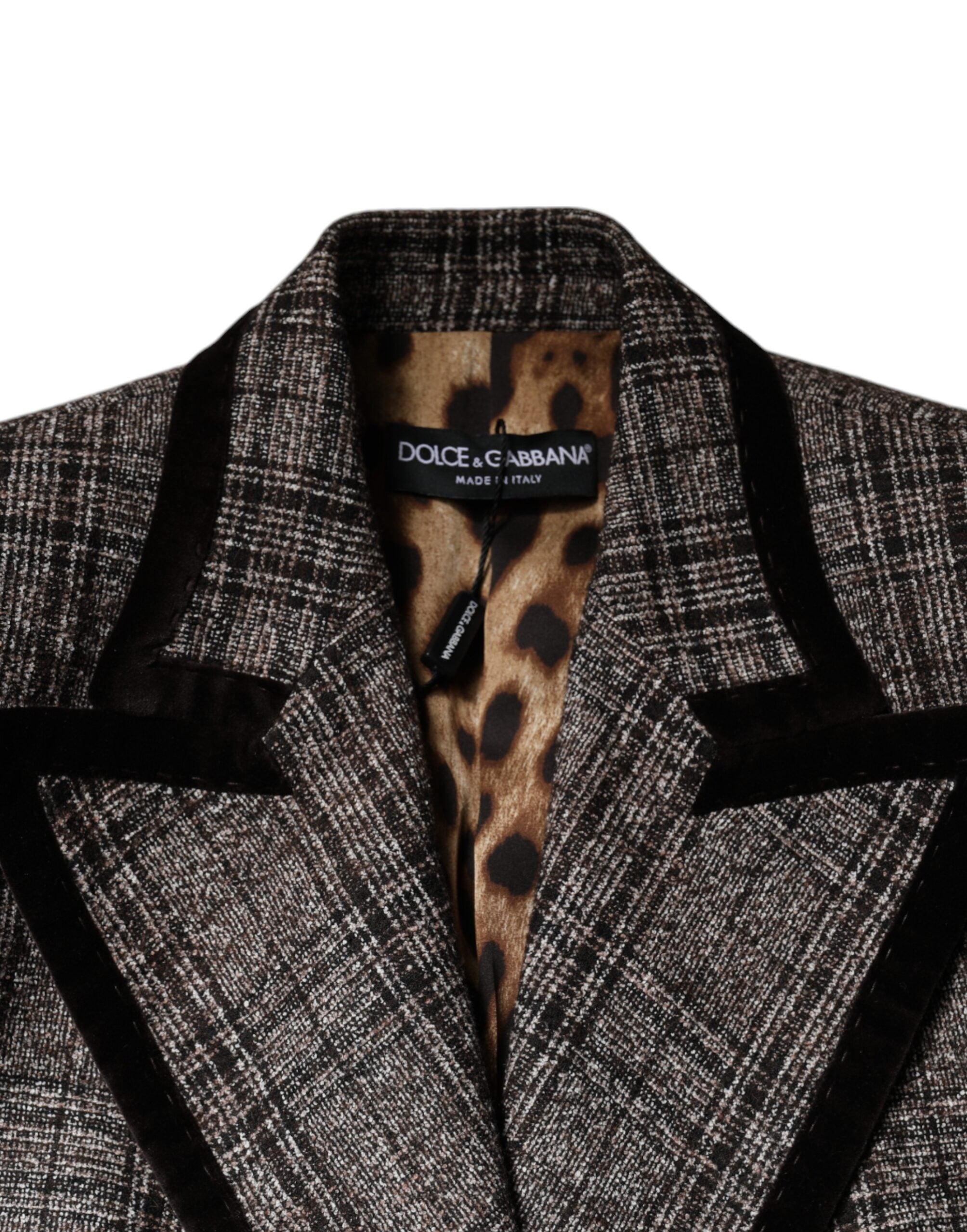 Veste courte en laine à carreaux marron de Dolce & Gabbana avec manches longues et coupe crop, style élégant et moderne.