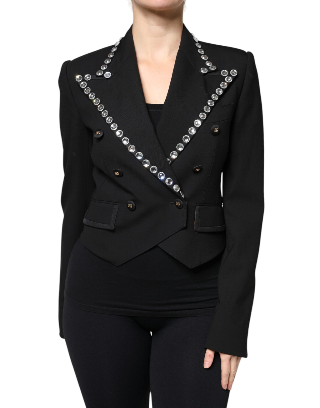 Blazer noir Dolce & Gabbana à double boutonnage avec cristaux, coupe élégante et détails sophistiqués.