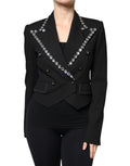 Blazer noir Dolce & Gabbana à double boutonnage avec cristaux, coupe élégante et détails sophistiqués.