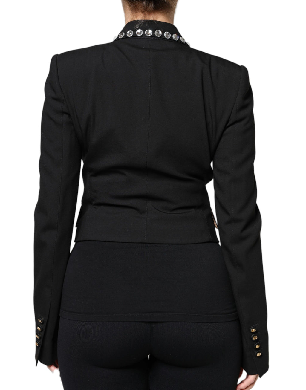 Veste blazer double boutonnage noire Dolce & Gabbana avec cristaux, style élégant et sophistiqué, vue de face.