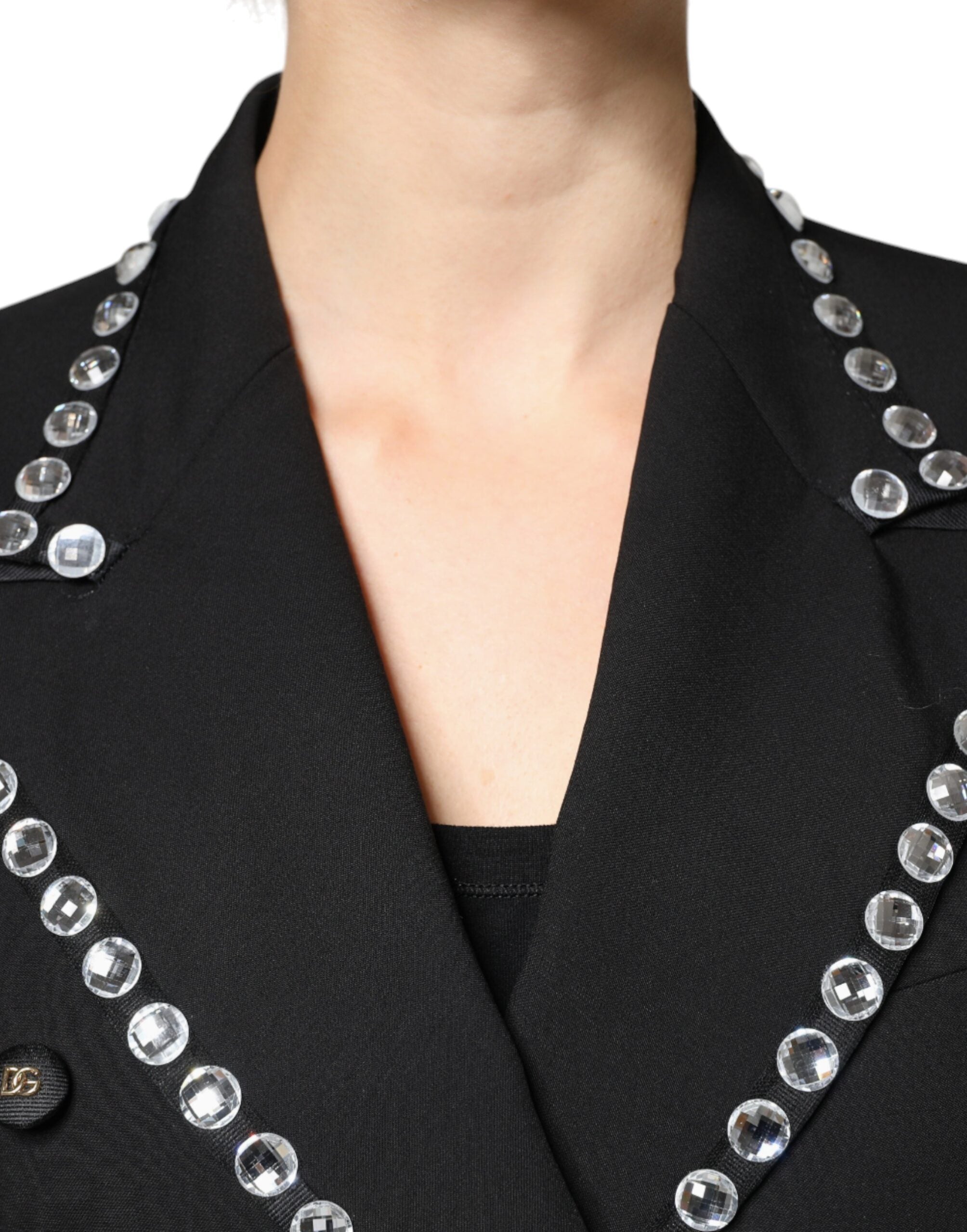 Veste blazer Dolce & Gabbana noire à double boutonnage avec cristaux, élégante et sophistiquée, vue de face sur un fond neutre.