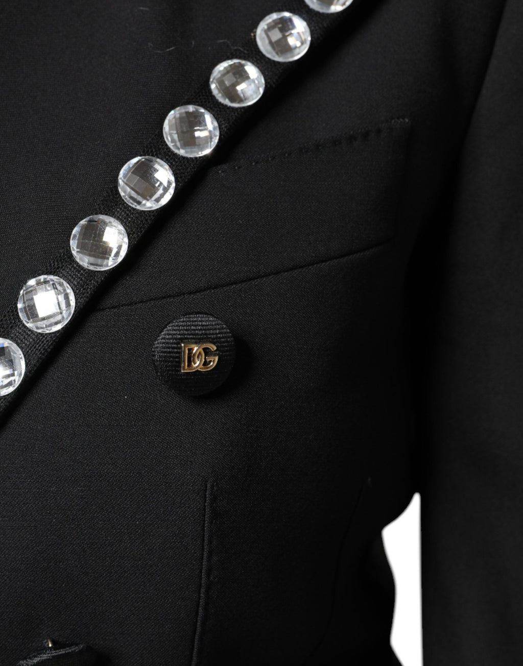 Veste blazer noire Dolce & Gabbana à double boutonnage avec cristaux, coupe élégante et détails sophistiqués.