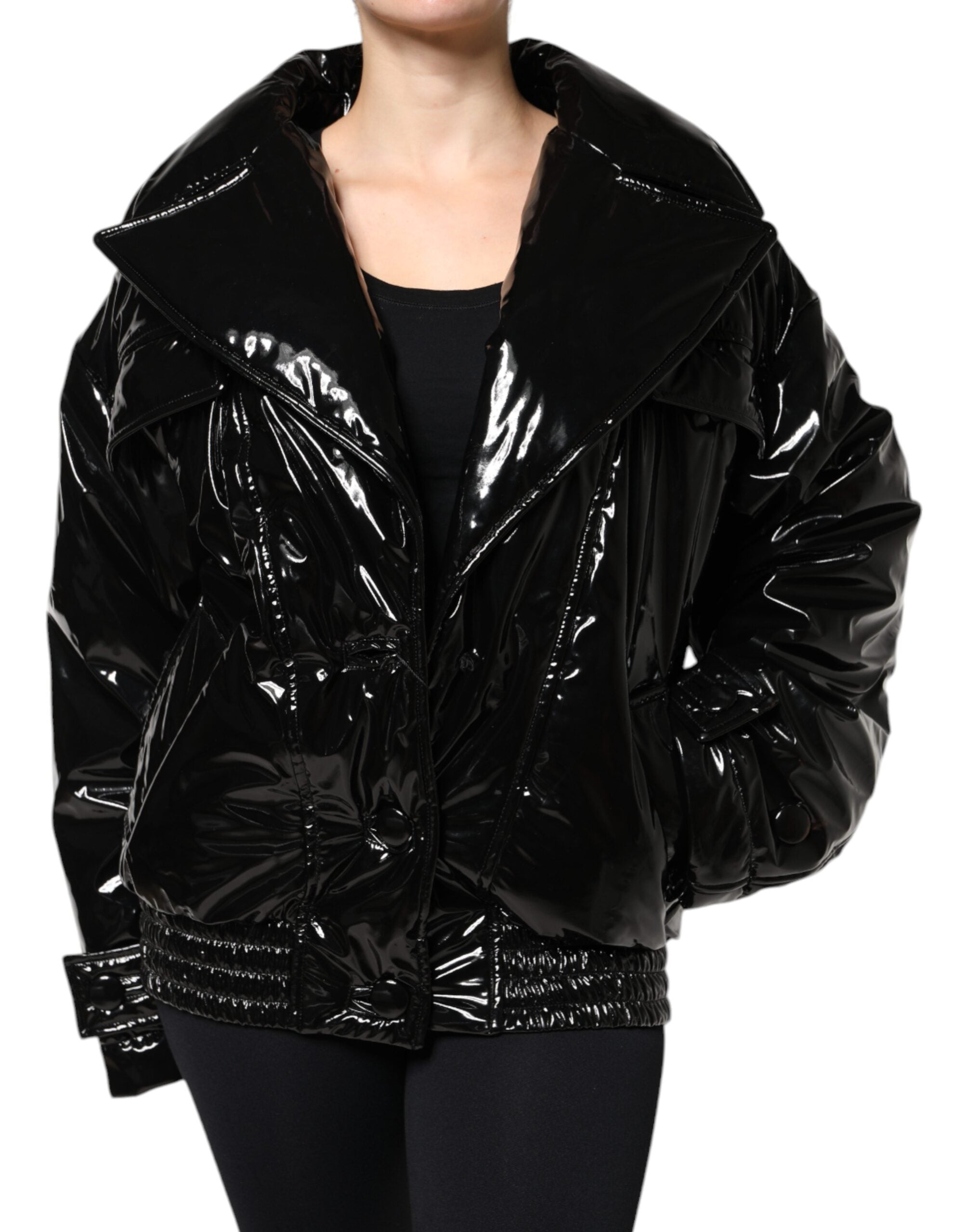 Veste blouson noire en polyester Dolce & Gabbana avec boutons, style décontracté et moderne, vue de face.