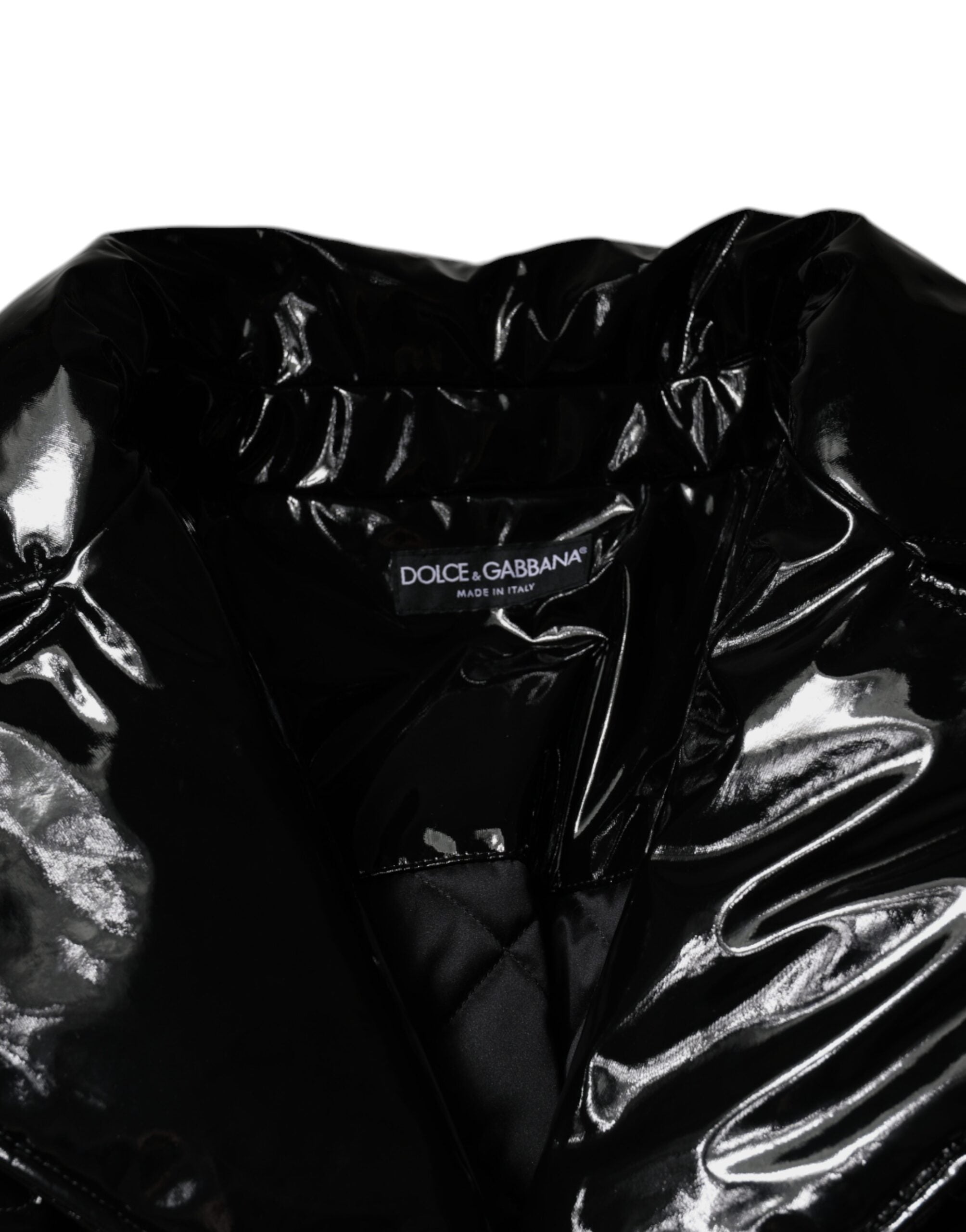 Veste blouson noire en polyester Dolce & Gabbana avec boutons, vue de face sur fond blanc.
