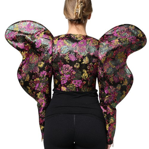Veste courte Dolce & Gabbana en jacquard floral multicolore, style cropped et élégant, avec motifs floraux colorés.