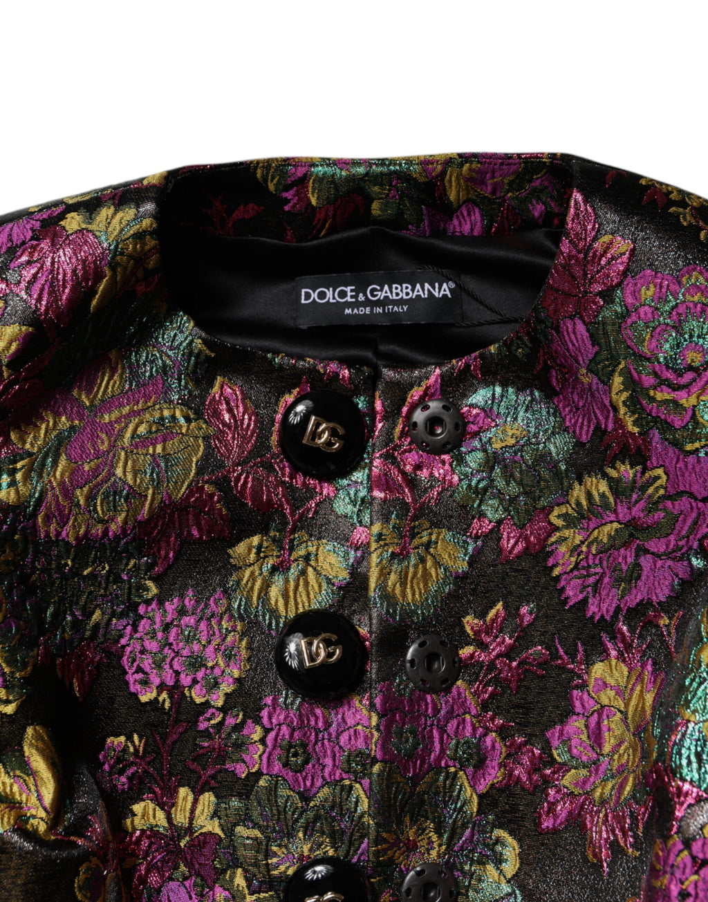 Veste courte jacquard florale multicolore Dolce & Gabbana, style élégant avec motifs floraux colorés.