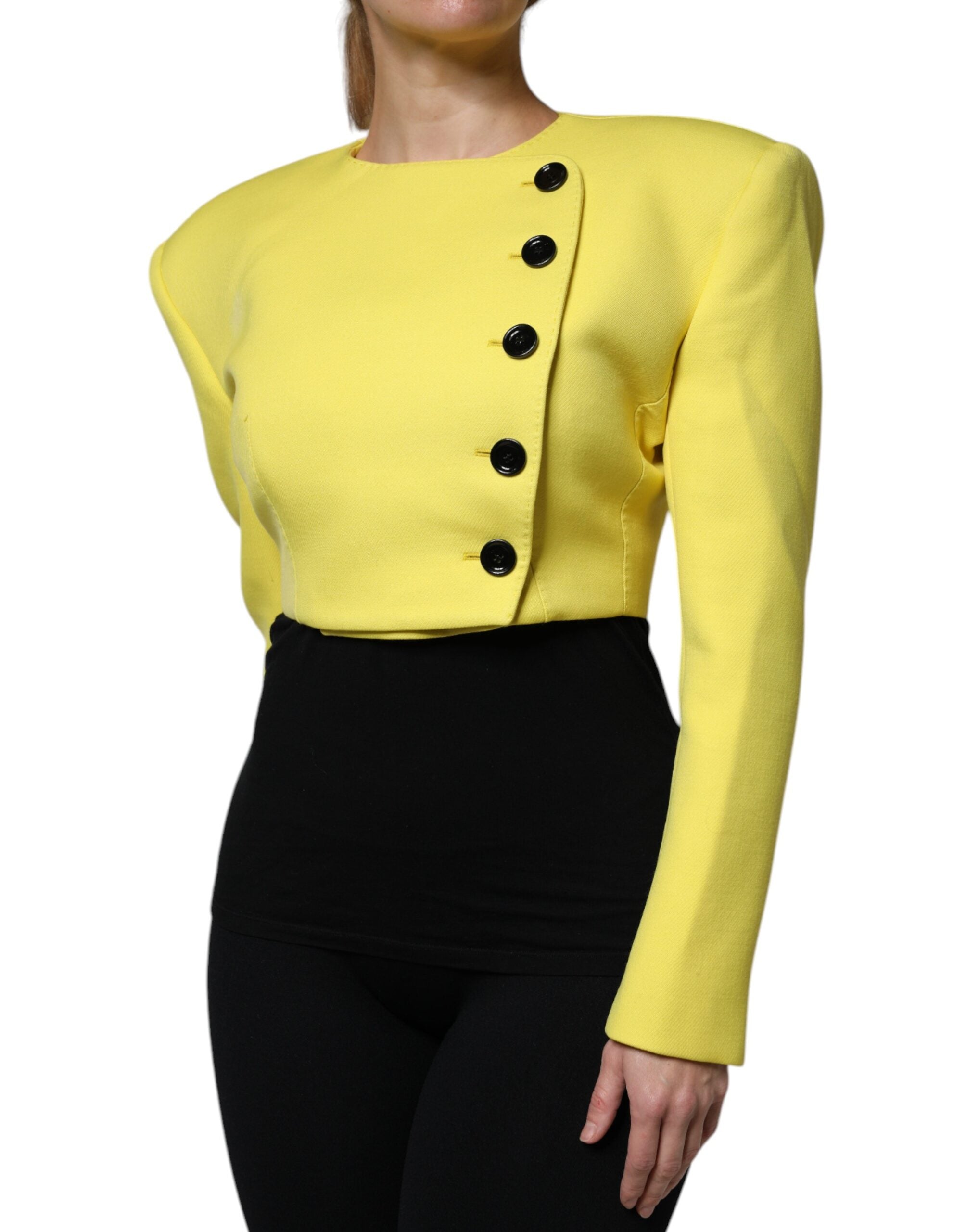 Veste courte en laine jaune citron Dolce & Gabbana avec manches longues et col, élégante et tendance.
