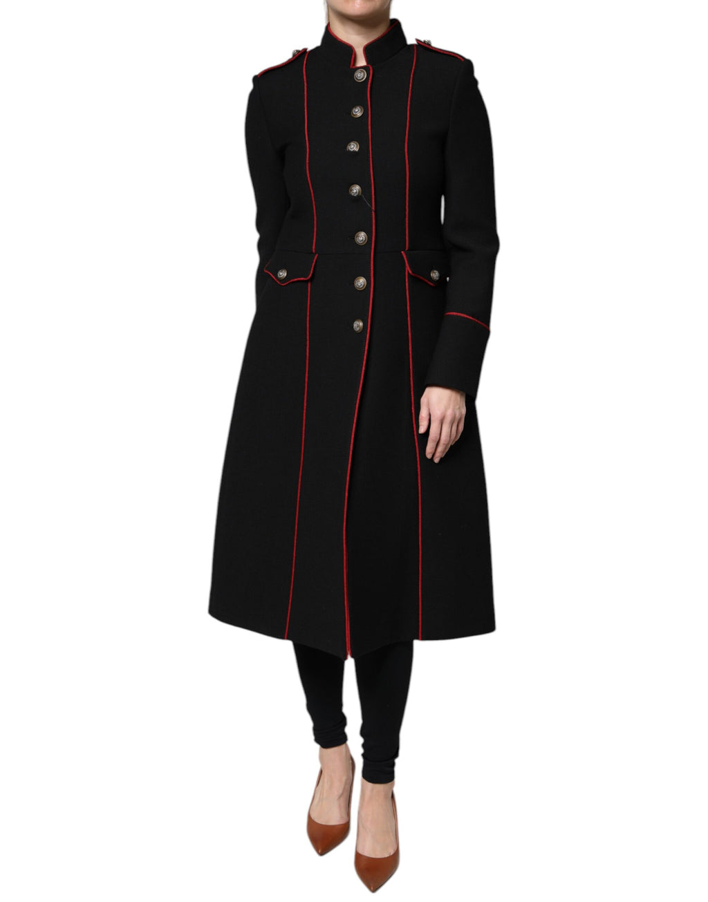 Veste trench noire Dolce & Gabbana à simple boutonnage, élégante, avec ceinture et col classique, vue de face.