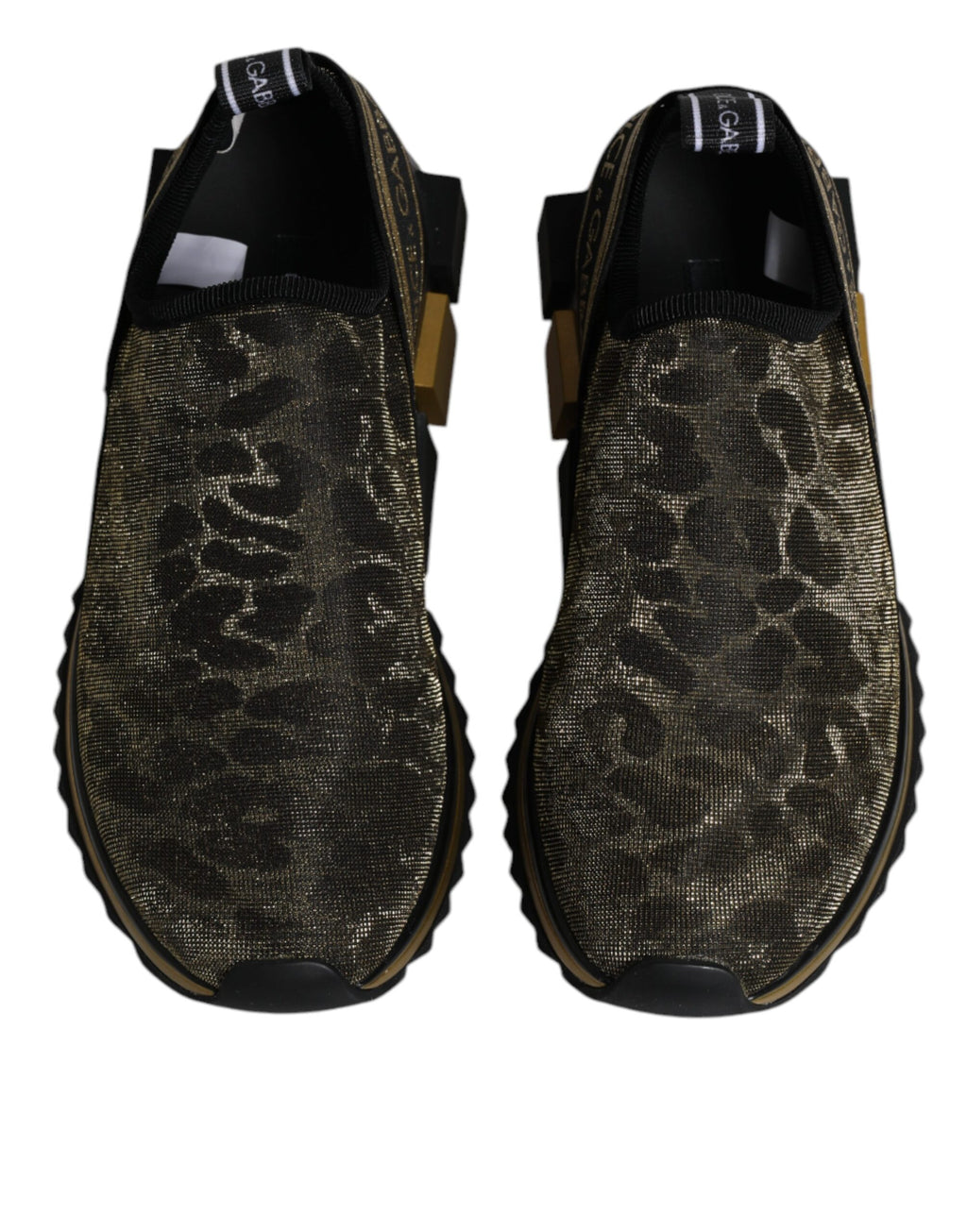 Chaussures sneakers Dolce & Gabbana Sorrento à paillettes dorées et imprimé léopard, vue de face.
