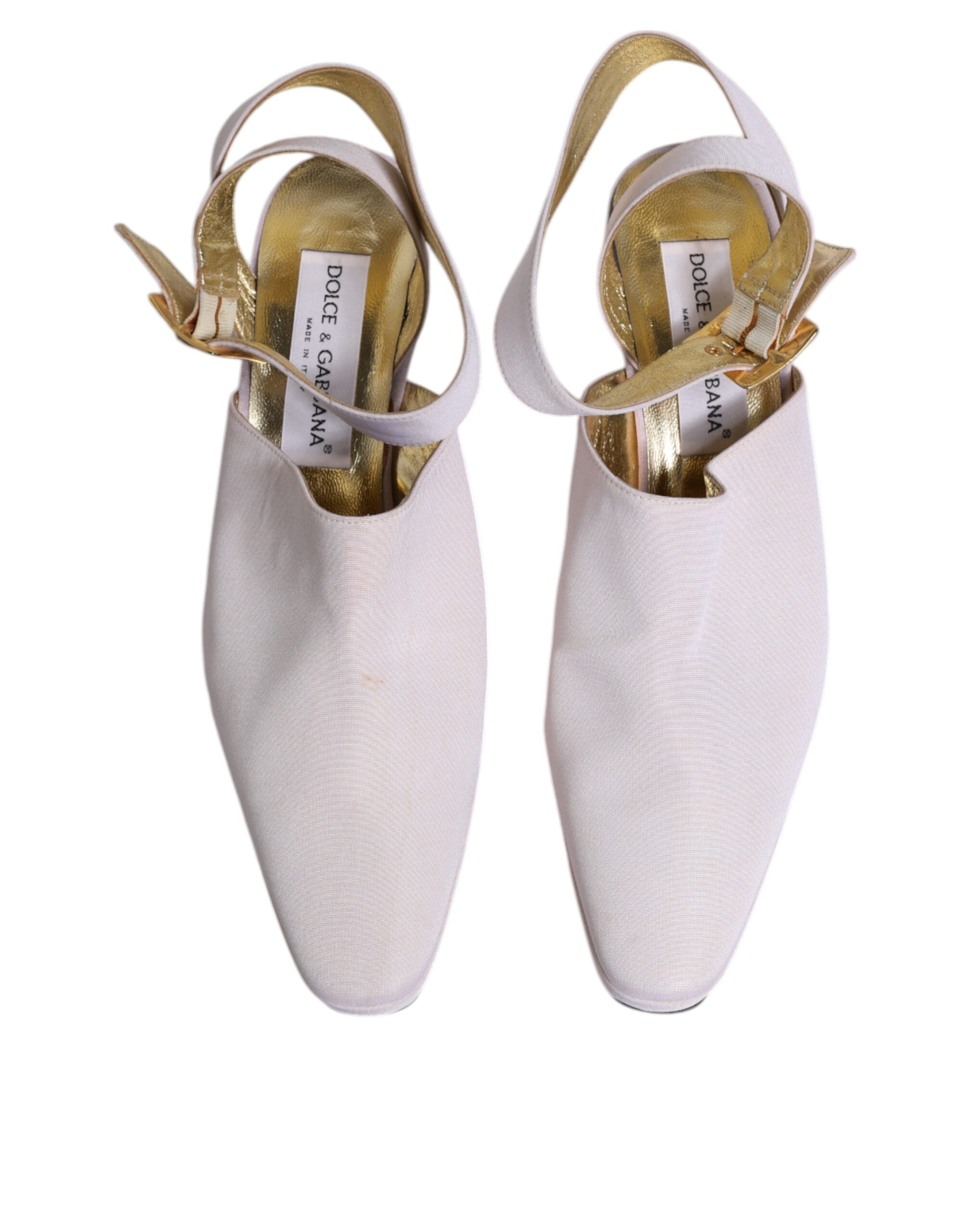 Sandales à talons bloc blanche Dolce & Gabbana avec bride arrière et semelle en cuir, vue de côté.