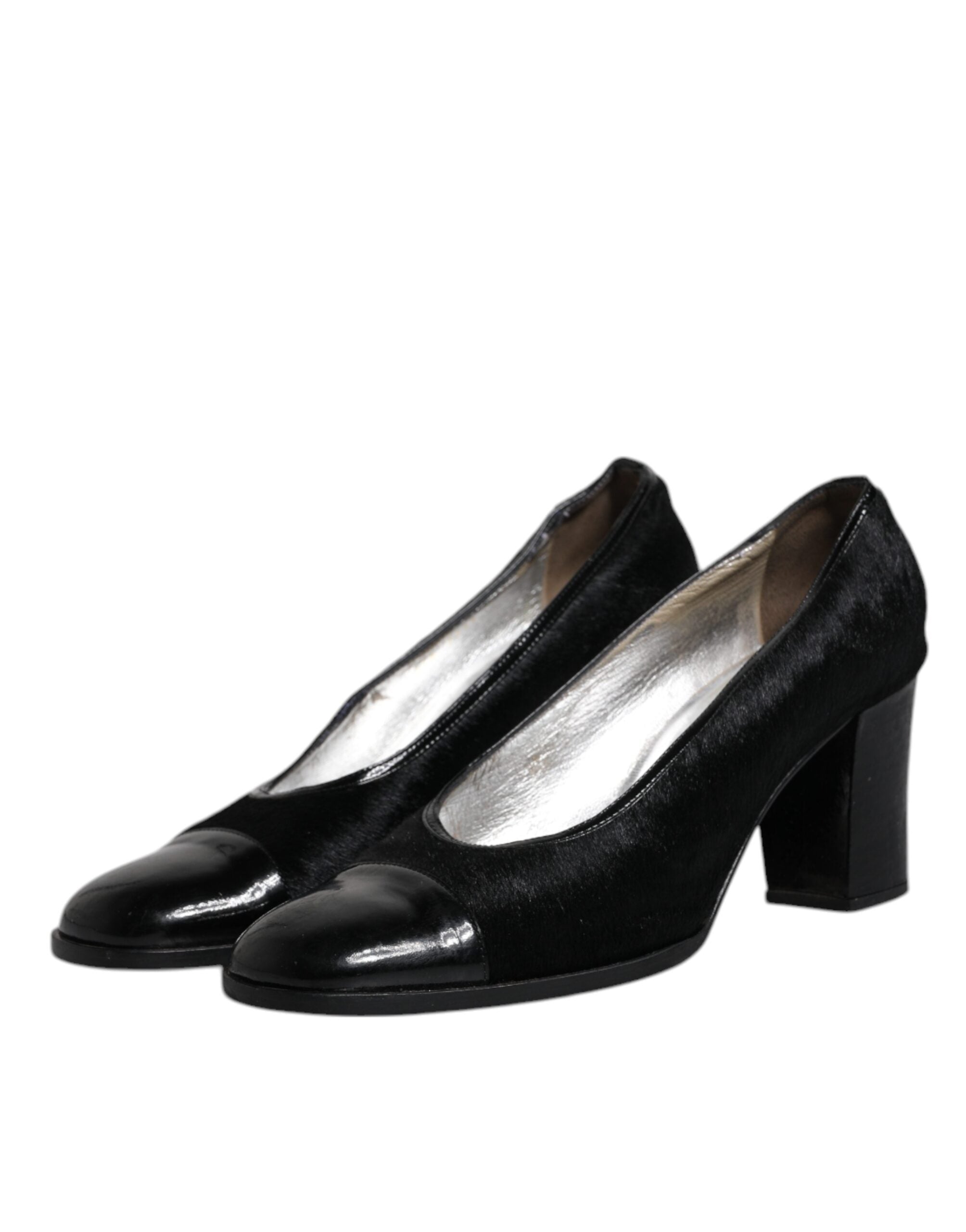 Chaussures à talons blocs en cuir noir de Dolce & Gabbana, escarpins élégants pour femme.