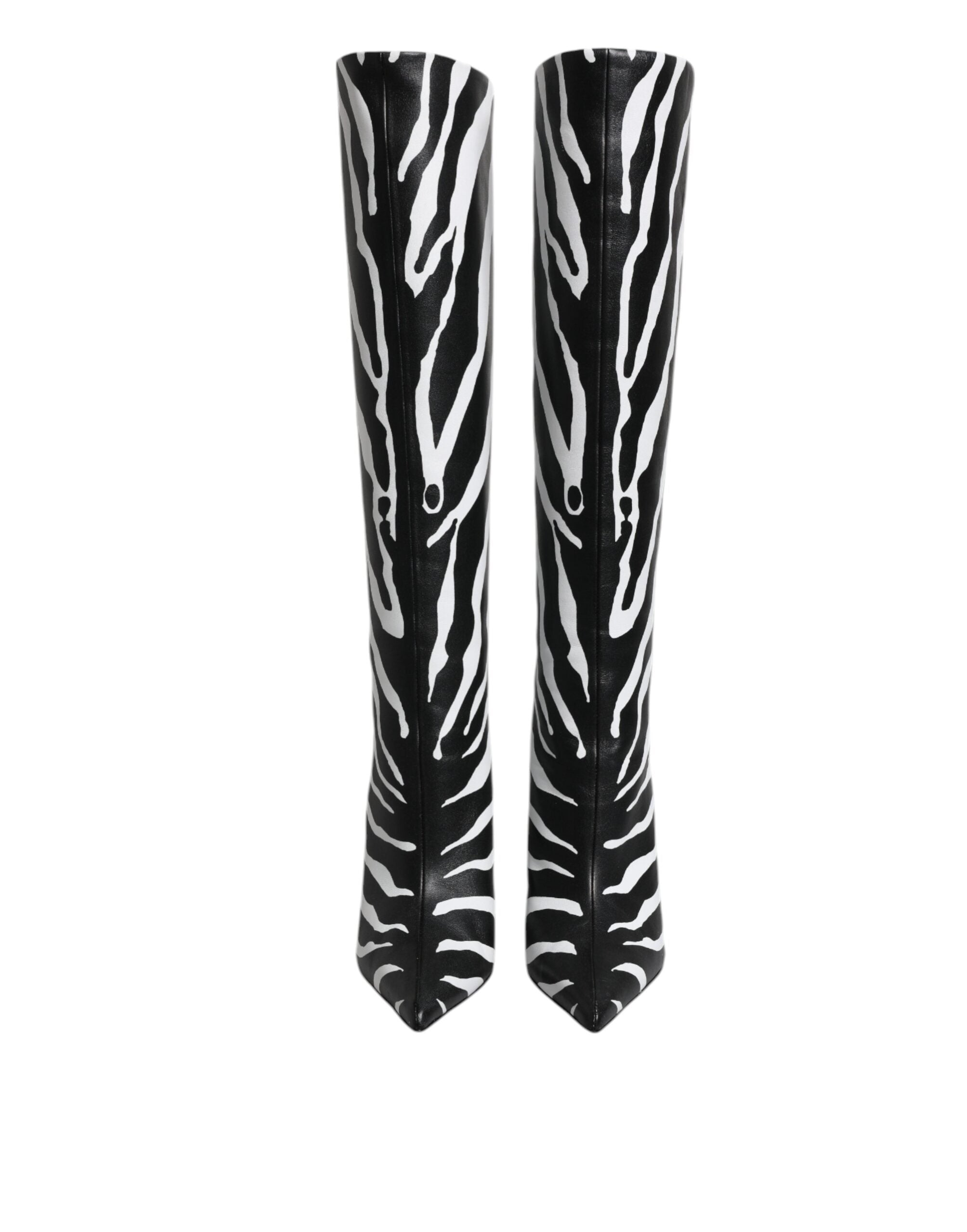 Chaussures à talons Dolce & Gabbana noires et blanches à motif zèbre, bottines élégantes en cuir pour femmes.