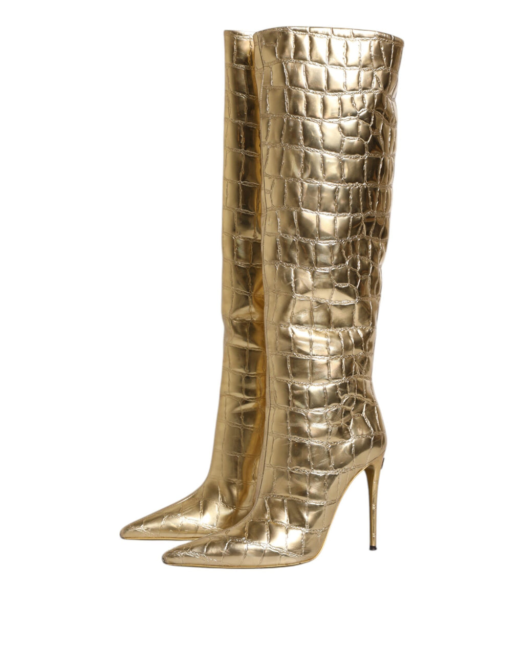 Chaussures à talons aiguilles Dolce & Gabbana en cuir doré, bottines élégantes à talons hauts et design sophistiqué.