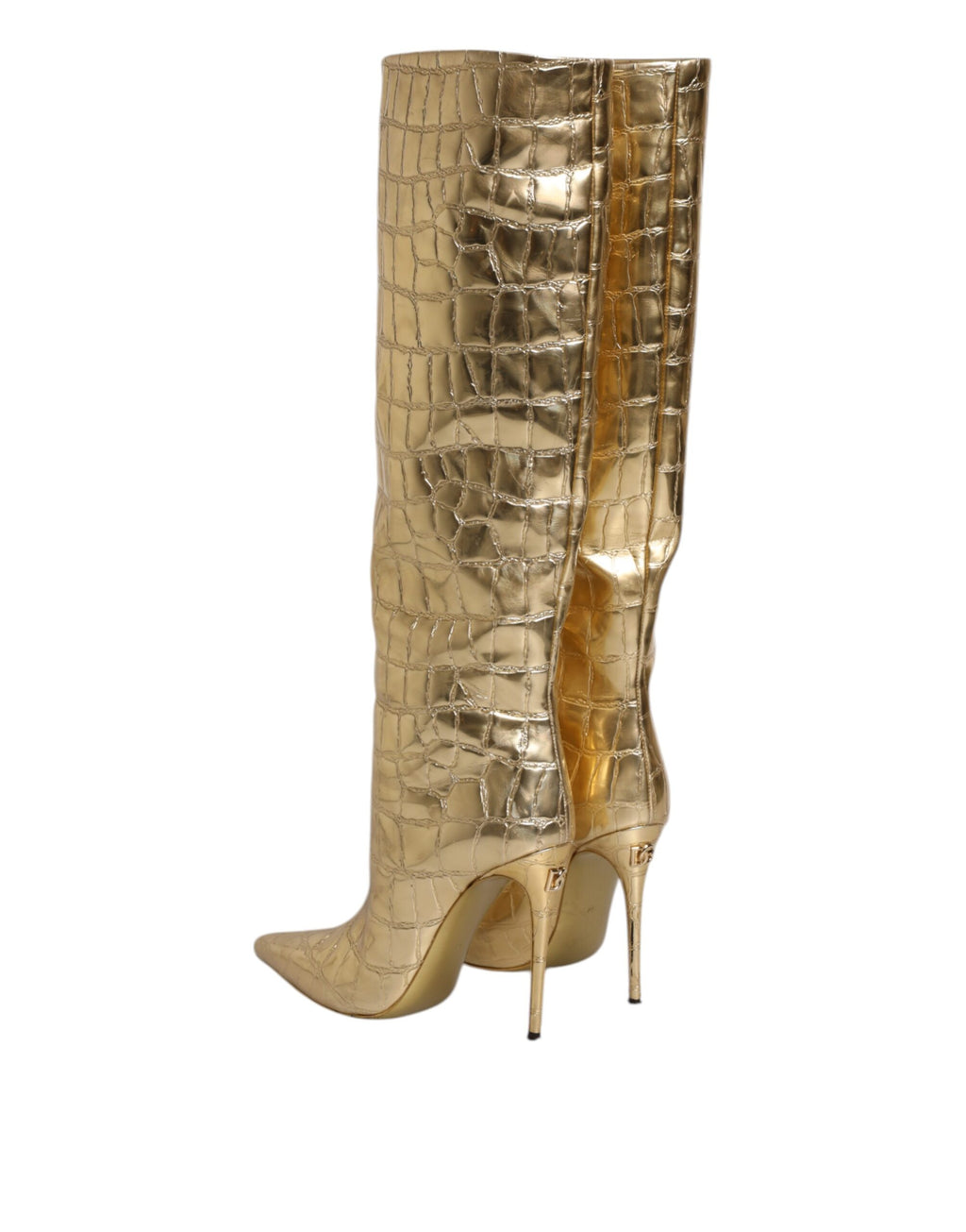 Chaussures à talons aiguilles en cuir doré Dolce & Gabbana, bottines hautes élégantes et sophistiquées.