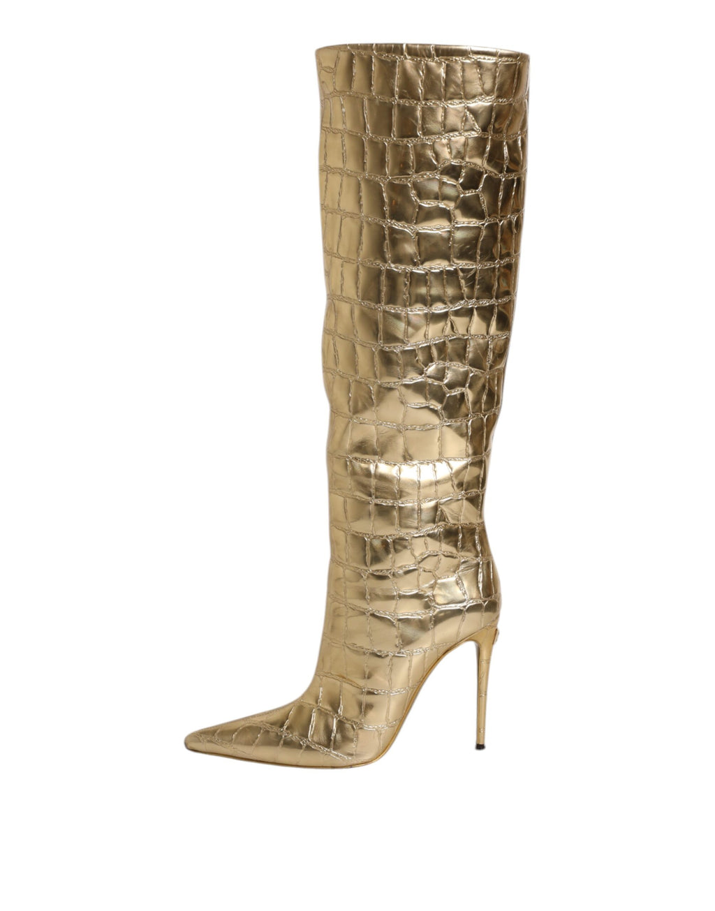 Chaussures Dolce & Gabbana en cuir doré, bottines à talons stilettos et hautes, avec design élégant et finition brillante.
