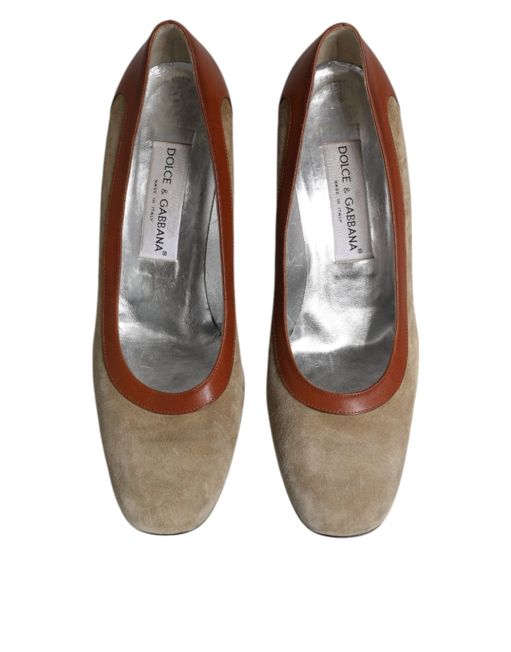 Chaussures à talons blocs Dolce & Gabbana en cuir beige et marron, élégantes et sophistiquées pour femmes.