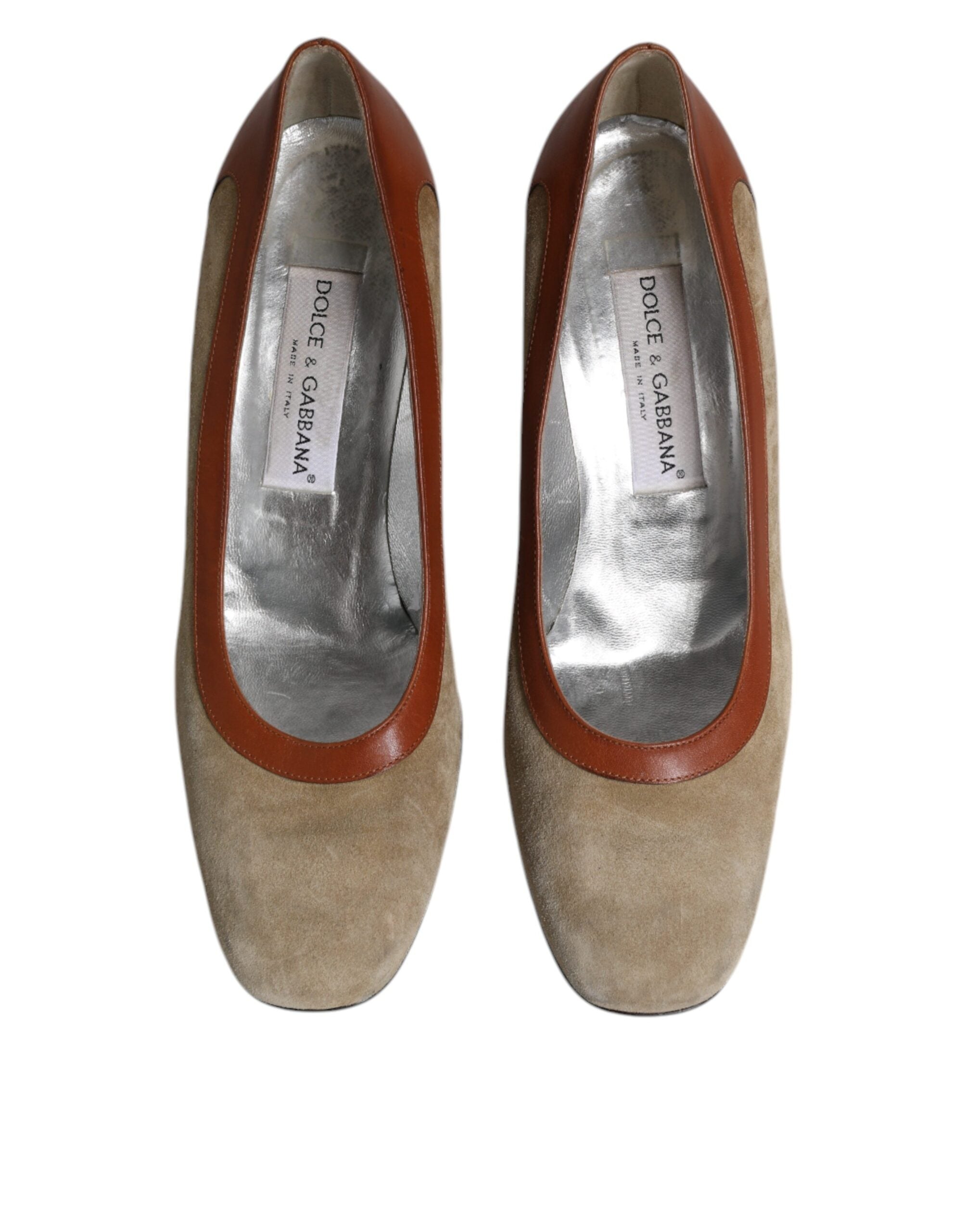 Chaussures à talons blocs Dolce & Gabbana en cuir beige et marron, élégantes et sophistiquées pour femmes.