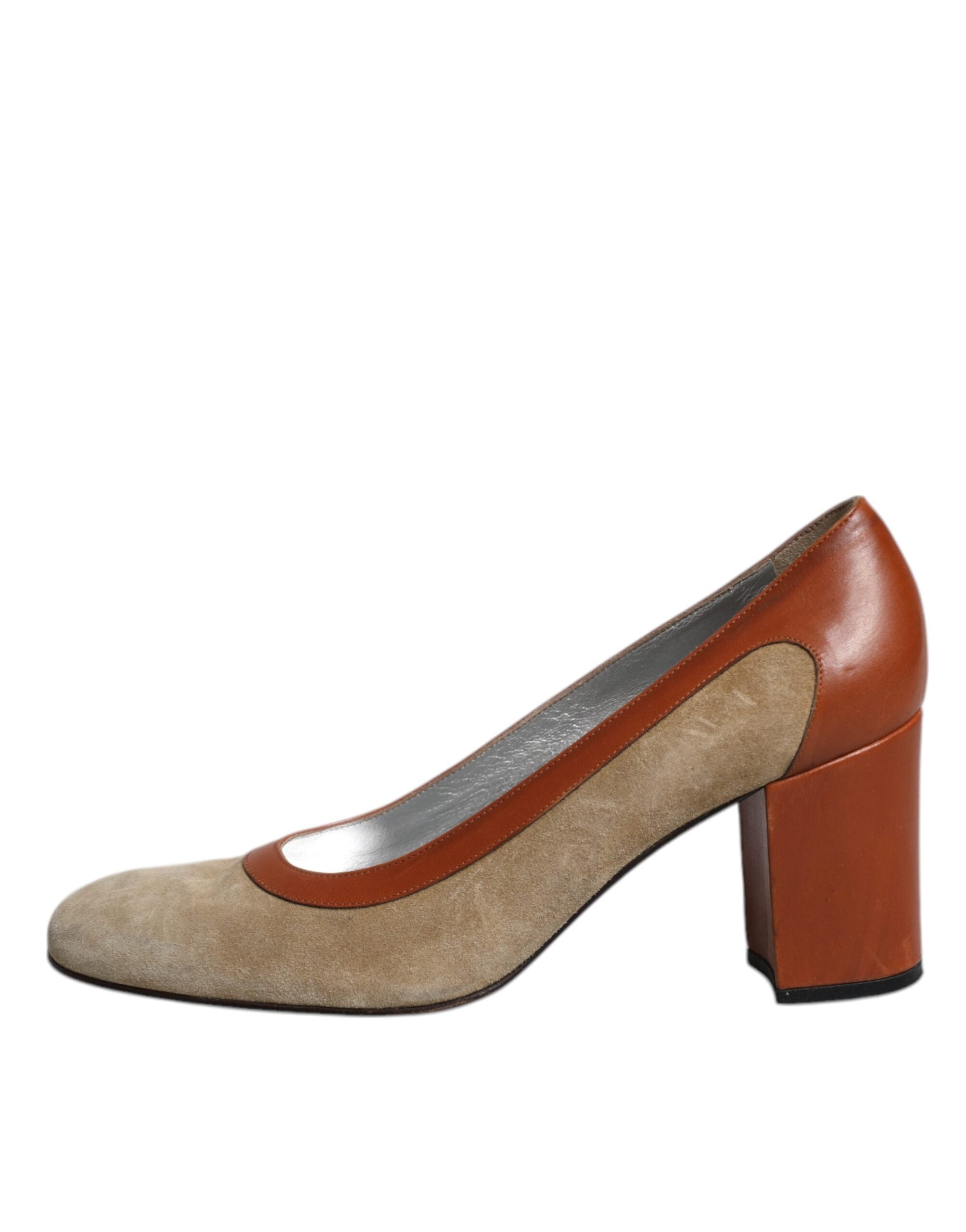 Chaussures à talons blocs en cuir beige et marron Dolce & Gabbana, élégantes et sophistiquées.