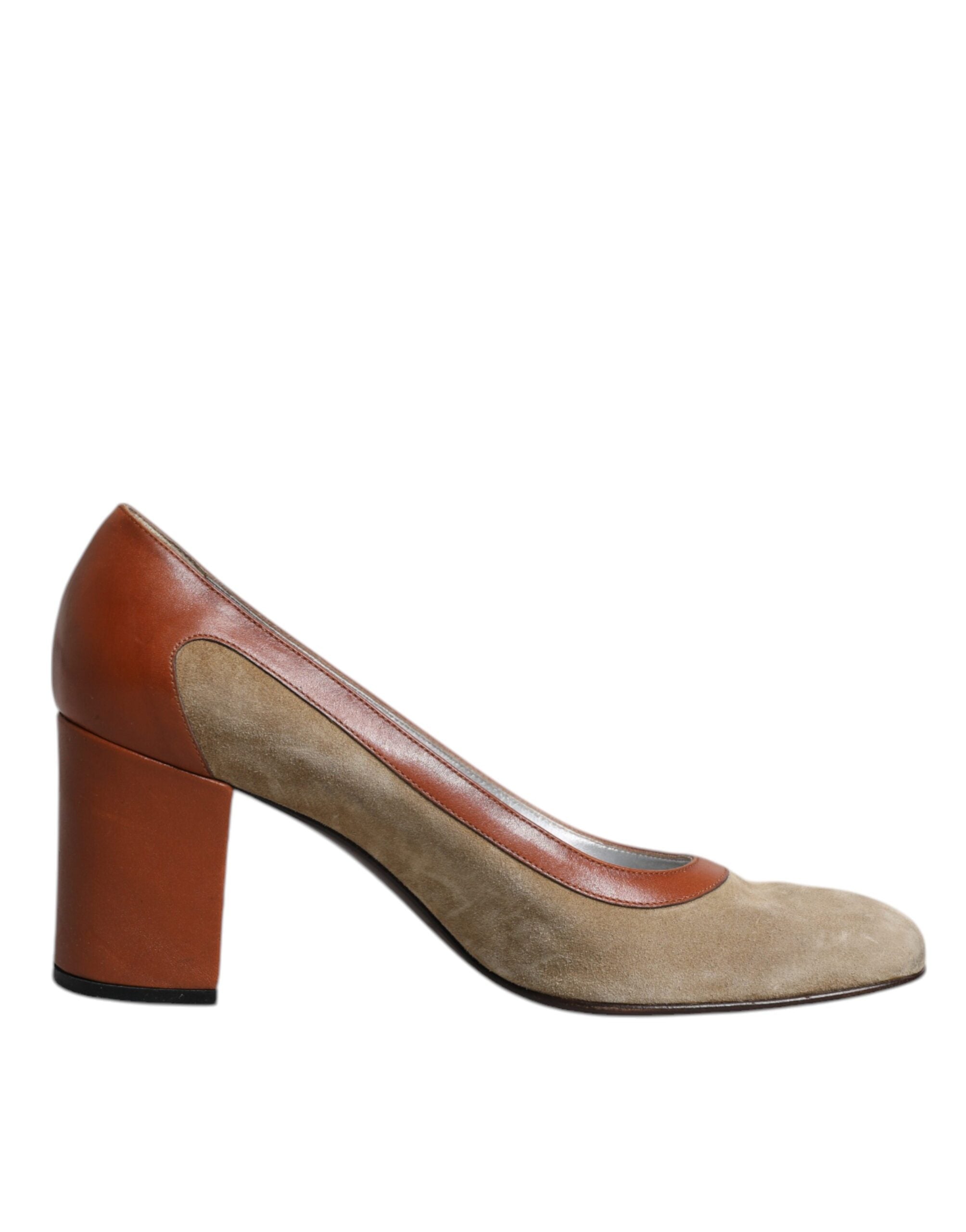 Chaussures Dolce & Gabbana à talons blocs en cuir beige et marron, élégantes et sophistiquées.