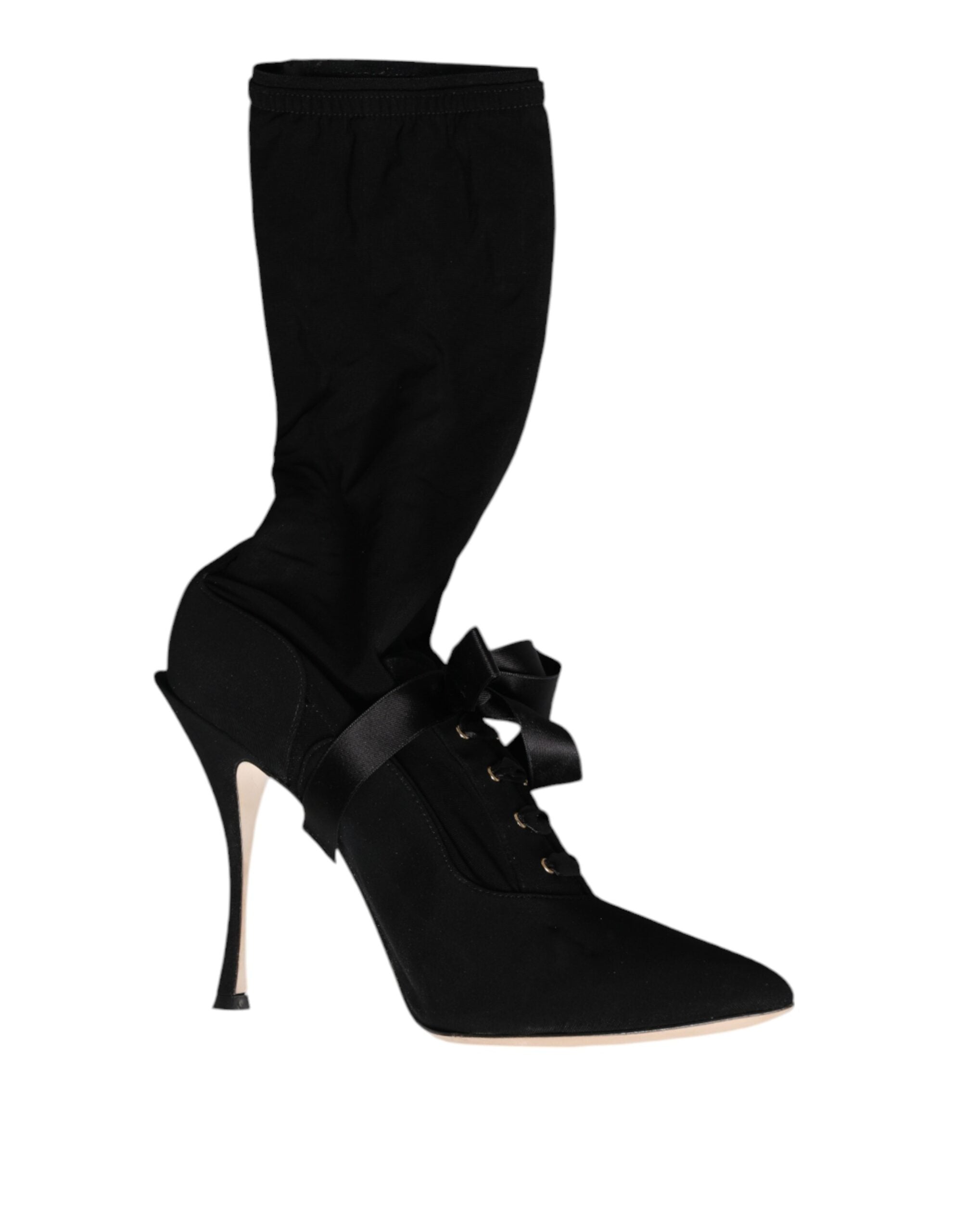 Chaussures à talons stilettos noirs Dolce & Gabbana, bottines mi-mollet élégantes en cuir avec talon haut.