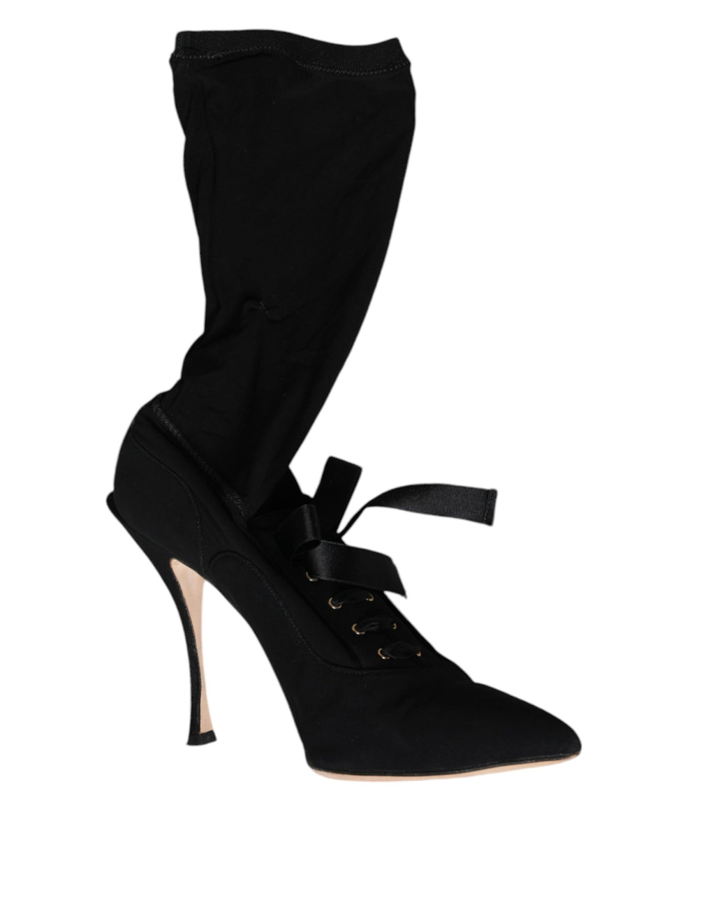 Escarpins stilettos noirs Dolce & Gabbana avec bottes mi-mollet en cuir, élégants et sophistiqués, vus de profil.