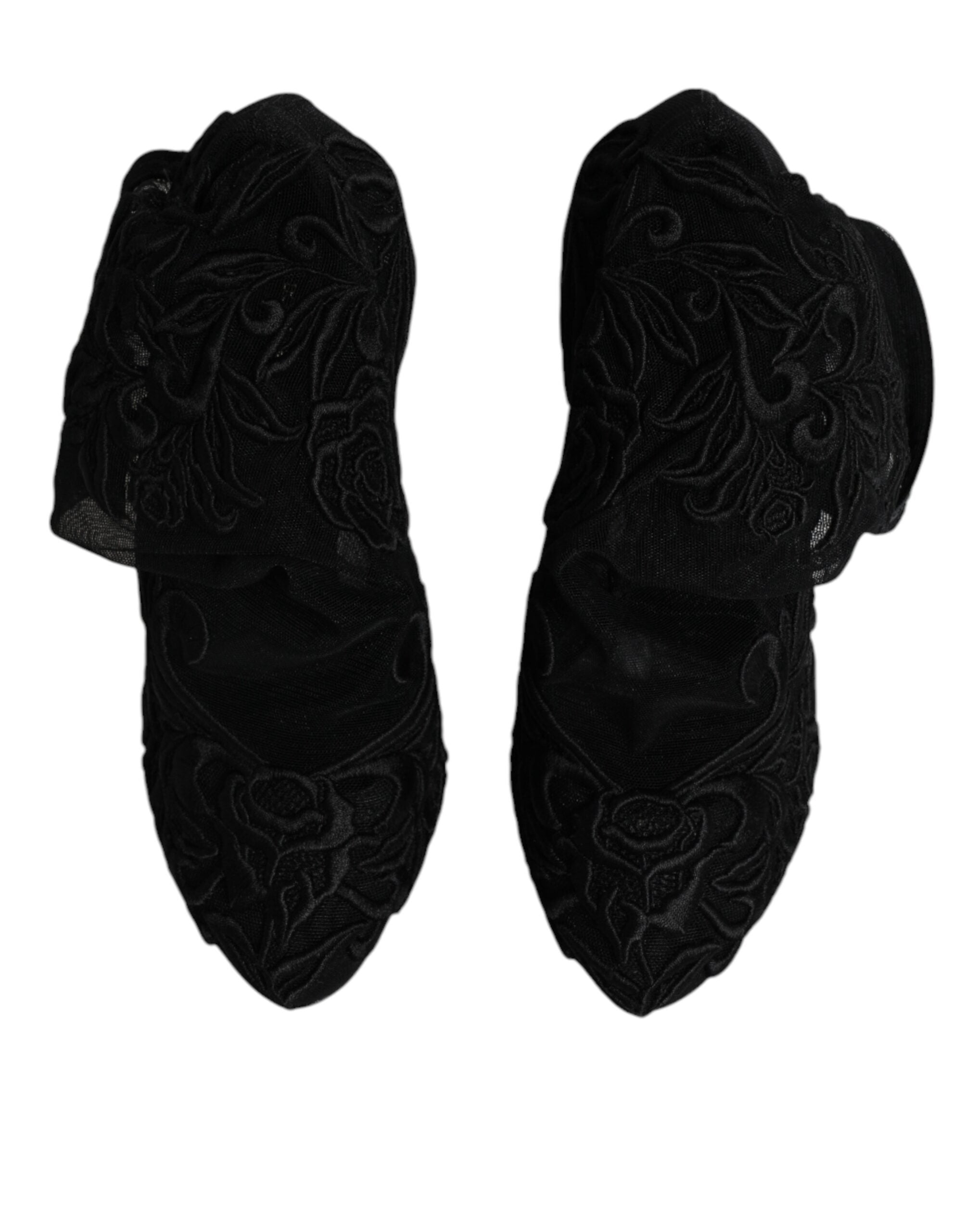 Chaussures Dolce & Gabbana talons en tulle noir, bottines mi-mollet à talon stretch, élégantes et sophistiquées.