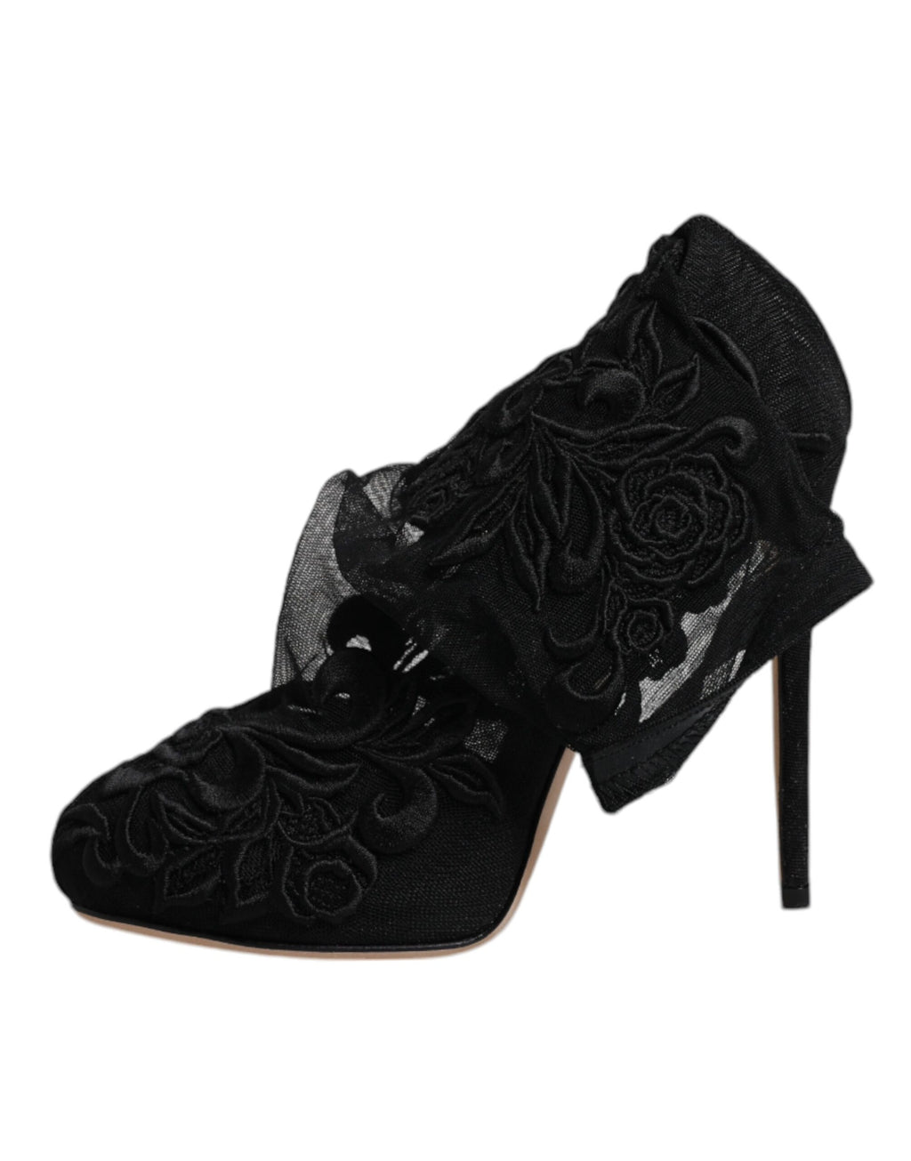 Chaussures Dolce & Gabbana, bottines noires en tulle stretch, mi-mollet, avec talons élégants.