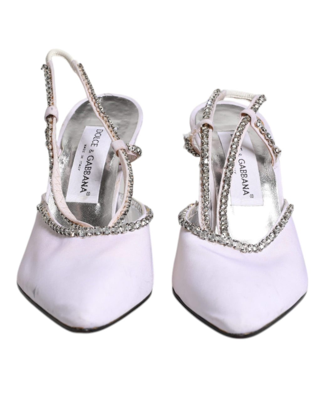 Chaussures à talons Dolce & Gabbana, slingbacks blanches ornées de strass et cristaux, élégantes et sophistiquées.