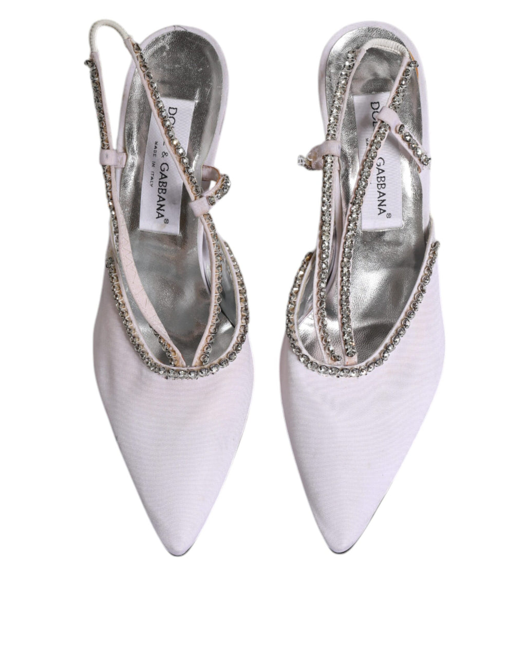 Escarpins Dolce & Gabbana blancs à strass et cristaux, sandales à talons élégantes, vue en gros plan