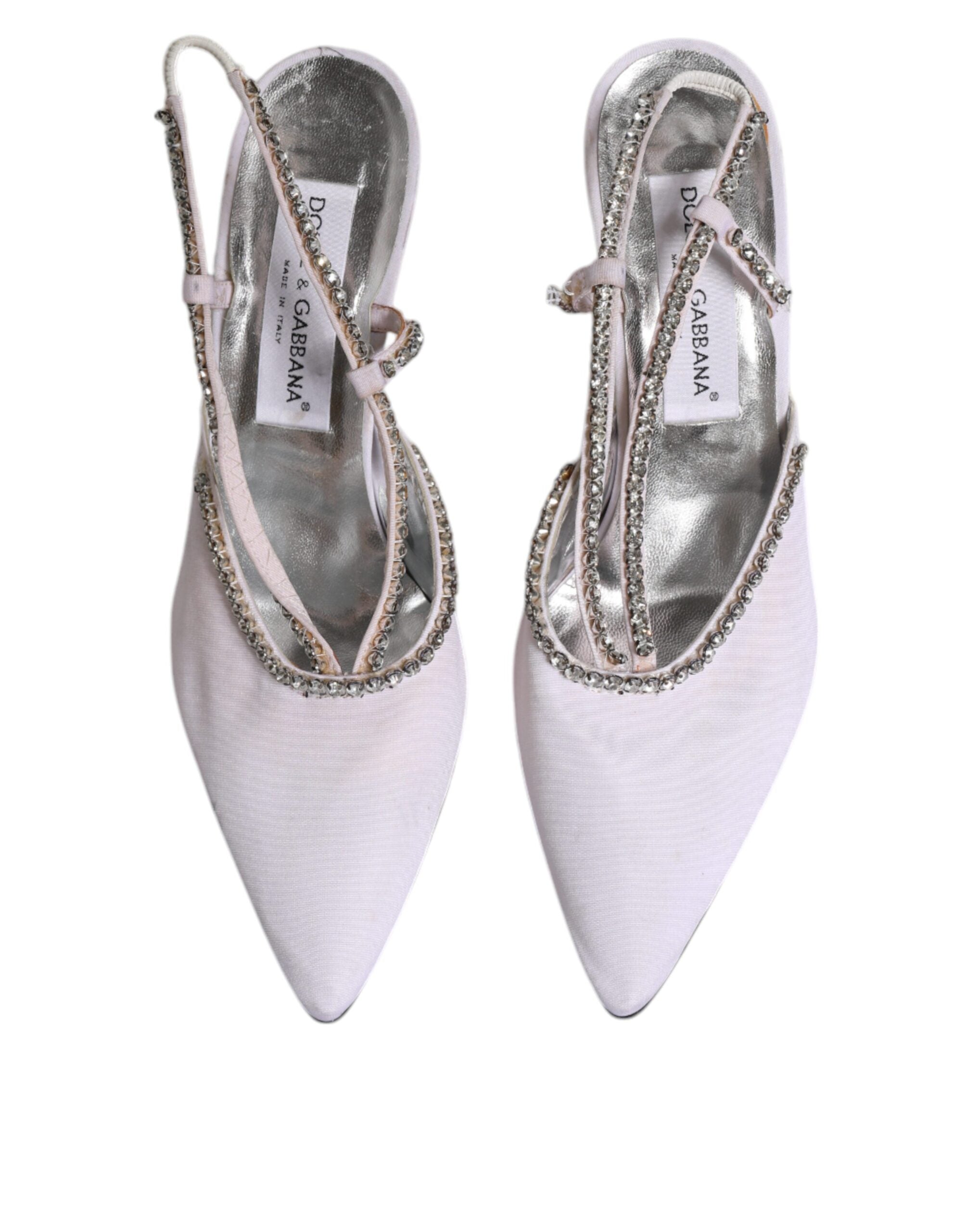 Escarpins Dolce & Gabbana blancs à strass et cristaux, sandales à talons élégantes, vue en gros plan