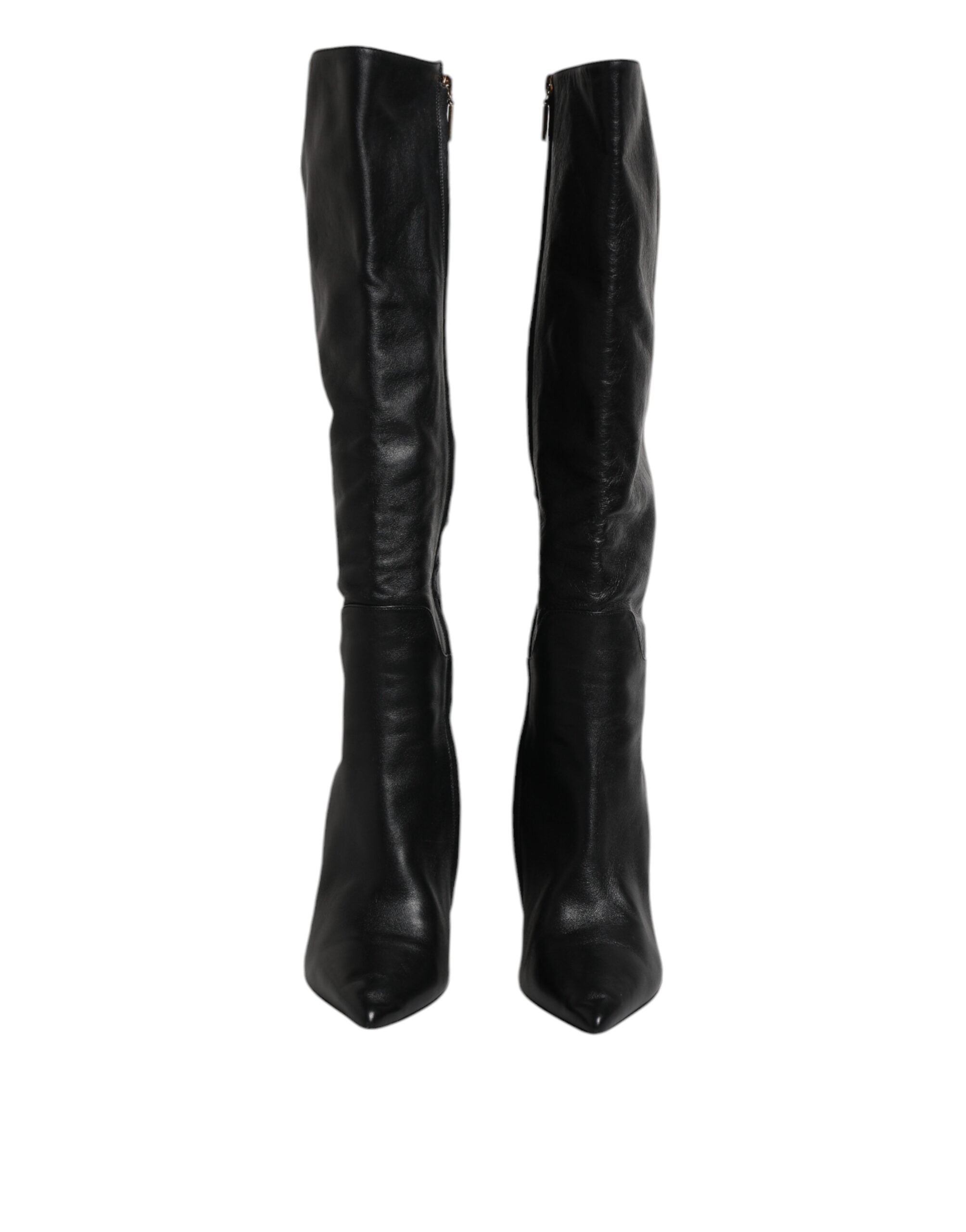 Escarpins en cuir noir Dolce & Gabbana, bottines hautes jusqu'au genou, chaussures élégantes pour femmes.