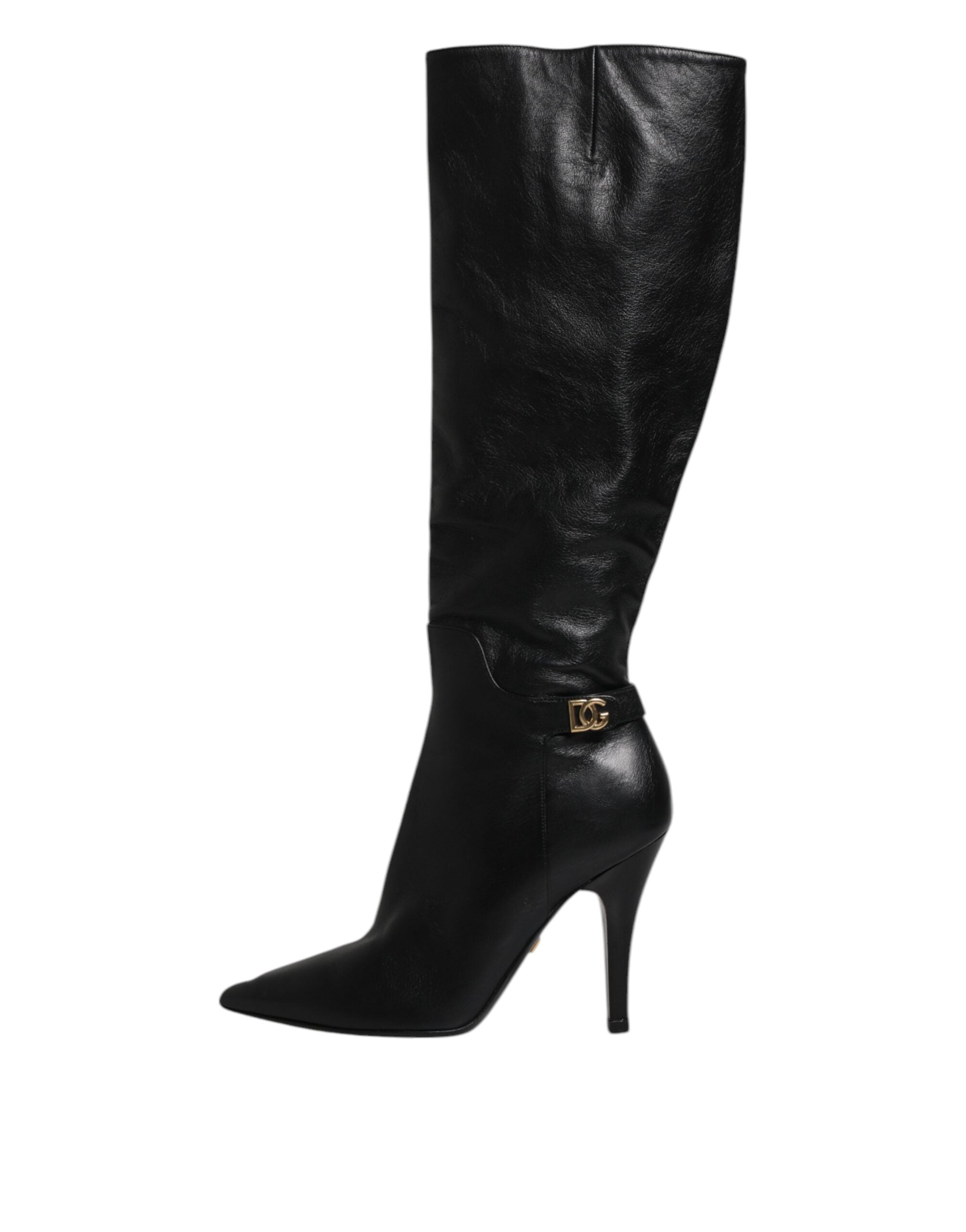 Chaussures Dolce & Gabbana bottes hautes en cuir noir, talons, style élégant et sophistiqué, visibles en image.