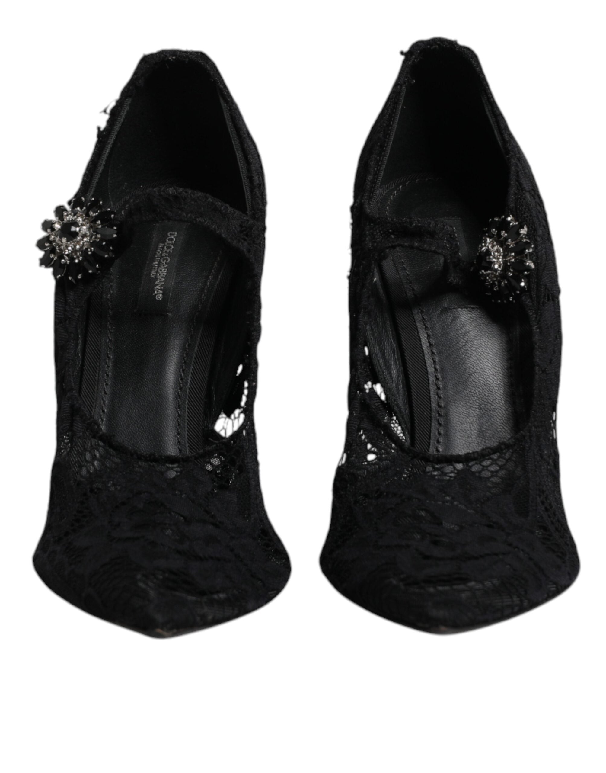 Chaussures à talons Mary Jane Dolce & Gabbana en dentelle noire avec cristaux, style élégant et sophistiqué.