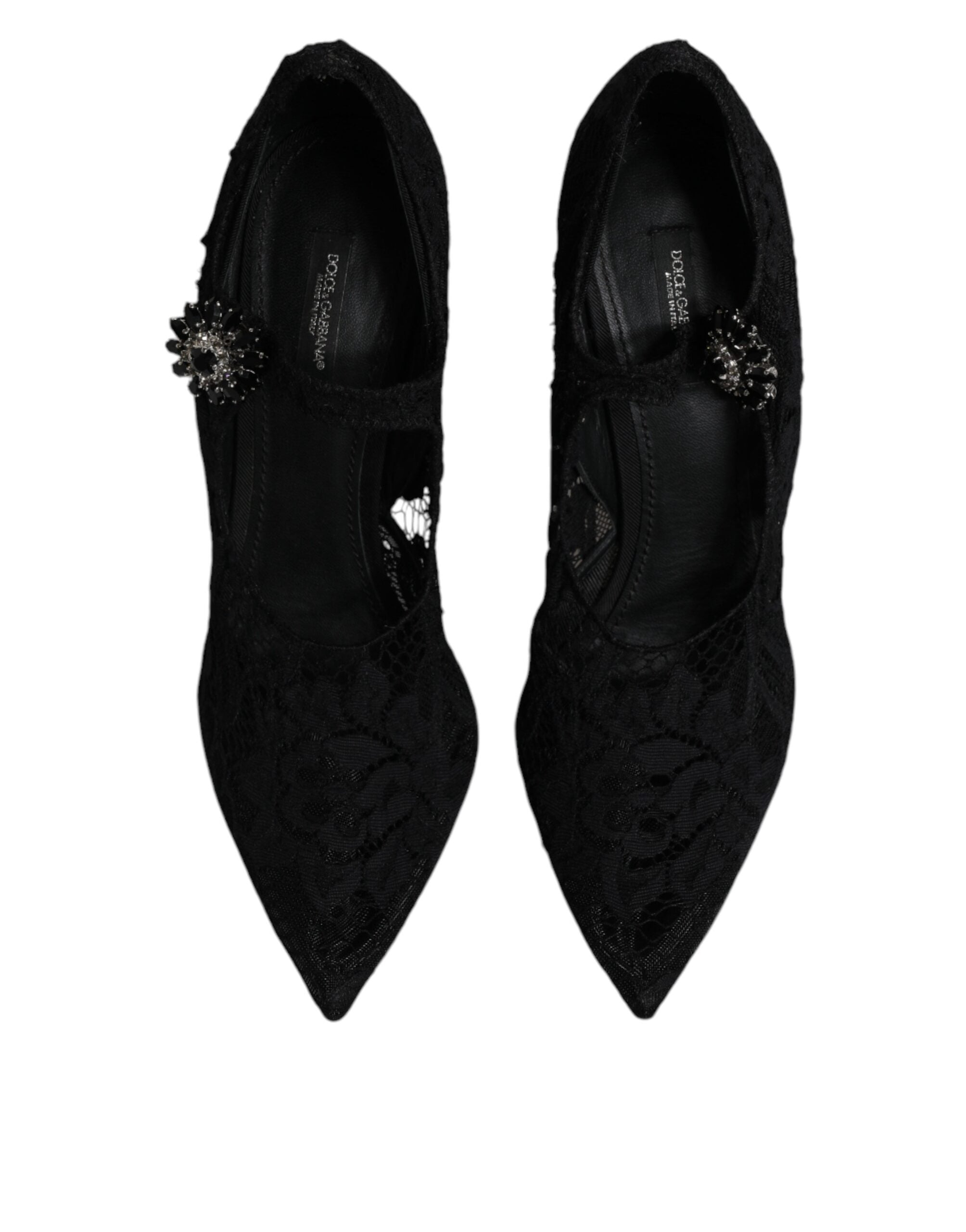 Escarpins Mary Jane en dentelle noire avec cristaux de Dolce & Gabbana, chaussures élégantes et sophistiquées.