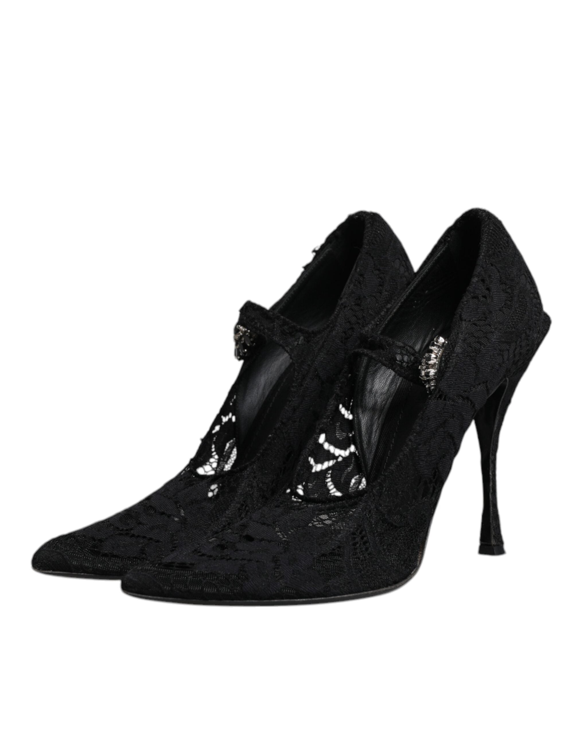 Chaussures à talons Mary Jane en dentelle noire avec cristaux, style élégant de Dolce & Gabbana.
