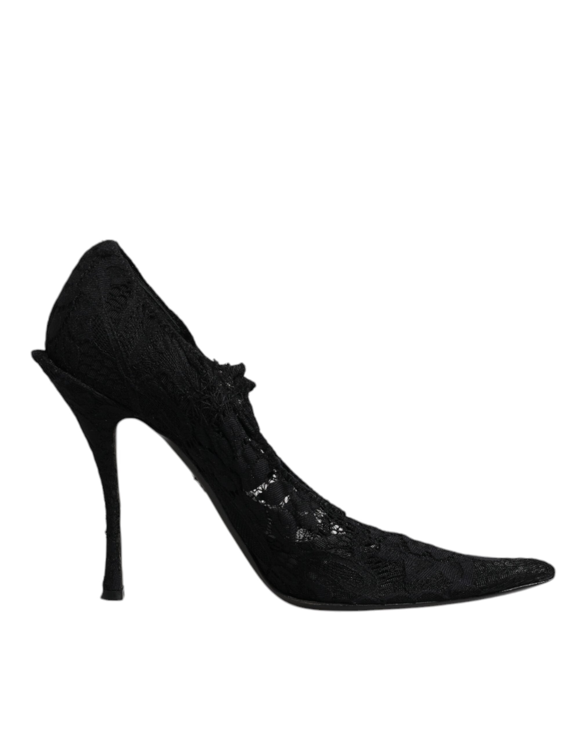 Escarpins Mary Jane en dentelle noire Dolce & Gabbana ornés de cristaux, avec talons et bride à la cheville.