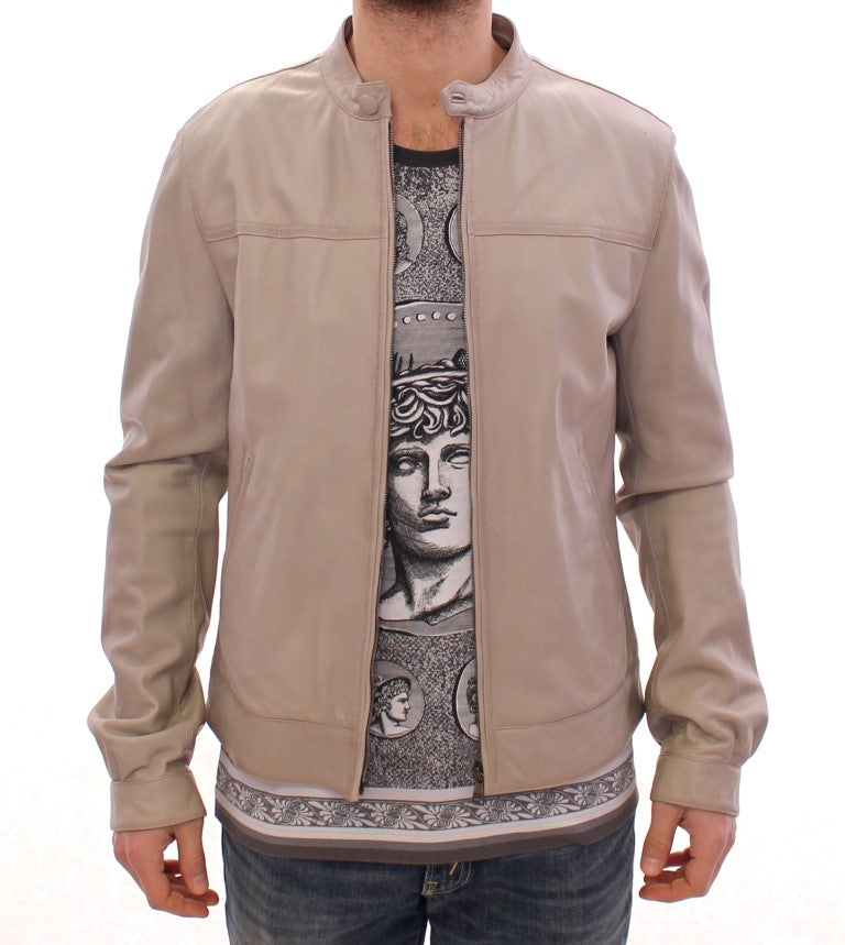 Veste en cuir beige pour homme de la marque Dolce & Gabbana, style blouson biker avec détails sophistiqués.