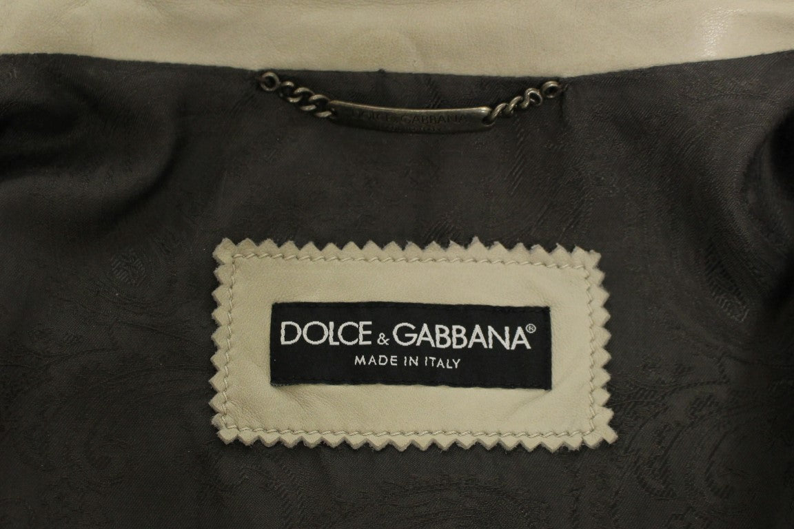 Veste en cuir beige pour biker de Dolce & Gabbana, style élégant avec détails sophistiqués, vue frontale sur mannequin.
