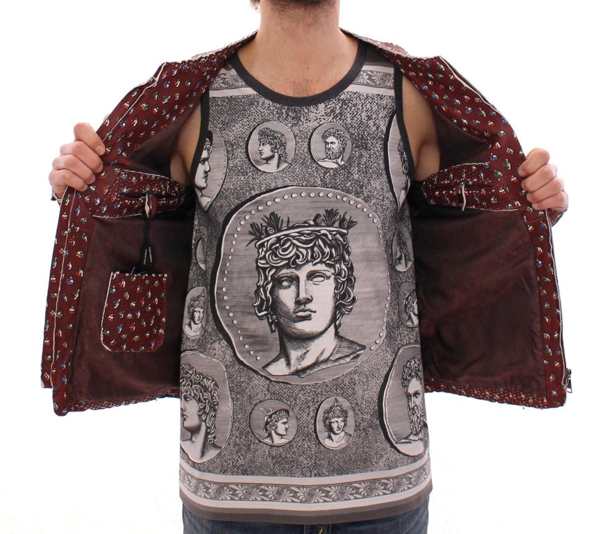 Veste en cuir Bordeaux Dolce & Gabbana avec motif boxer, coupe élégante et détails sophistiqués.