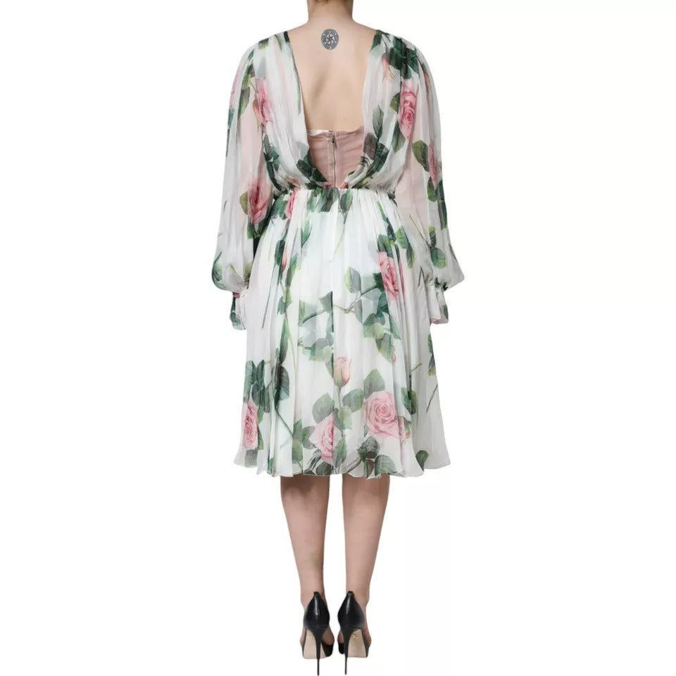 Robe midi en soie blanche Dolce & Gabbana avec imprimé floral, coupe en ligne A, élégante et fluide.