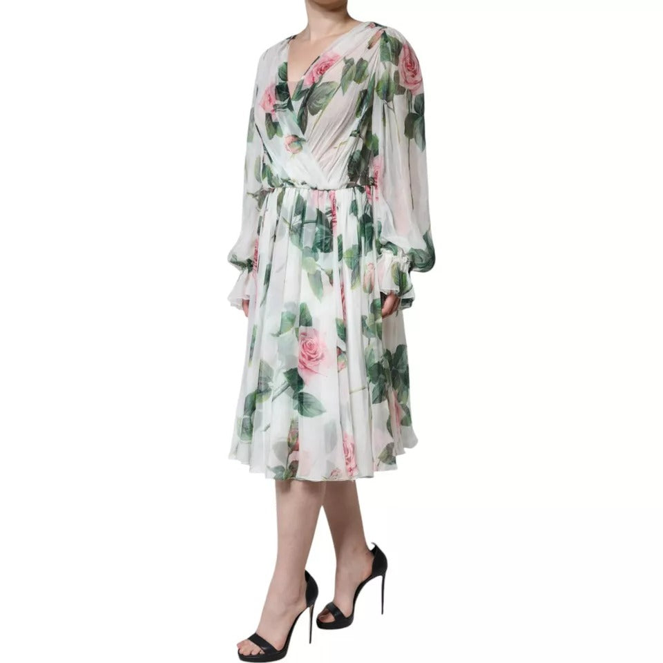 Robe midi évasée en soie blanche Dolce & Gabbana avec imprimé floral, style élégant et féminin.