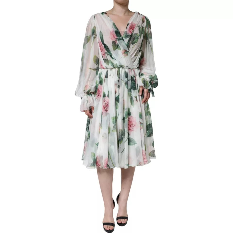 Robe midi en soie blanche à imprimé floral de Dolce & Gabbana, coupe en ligne A, élégante et raffinée.