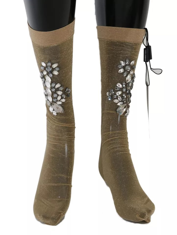 Chaussettes transparentes Dolce & Gabbana or avec motif floral et cristaux expansés, style élégant et sophistiqué.