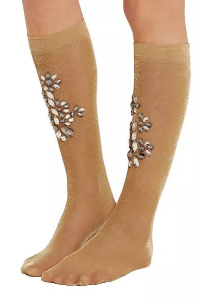 Chaussettes transparentes à fleurs en or Dolce & Gabbana avec cristaux clairs, style élégant et sophistiqué.