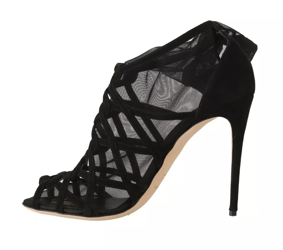 Chaussures Dolce & Gabbana en daim noir, bottines stilettos avec chaussettes intégrées, élégantes et sophistiquées.