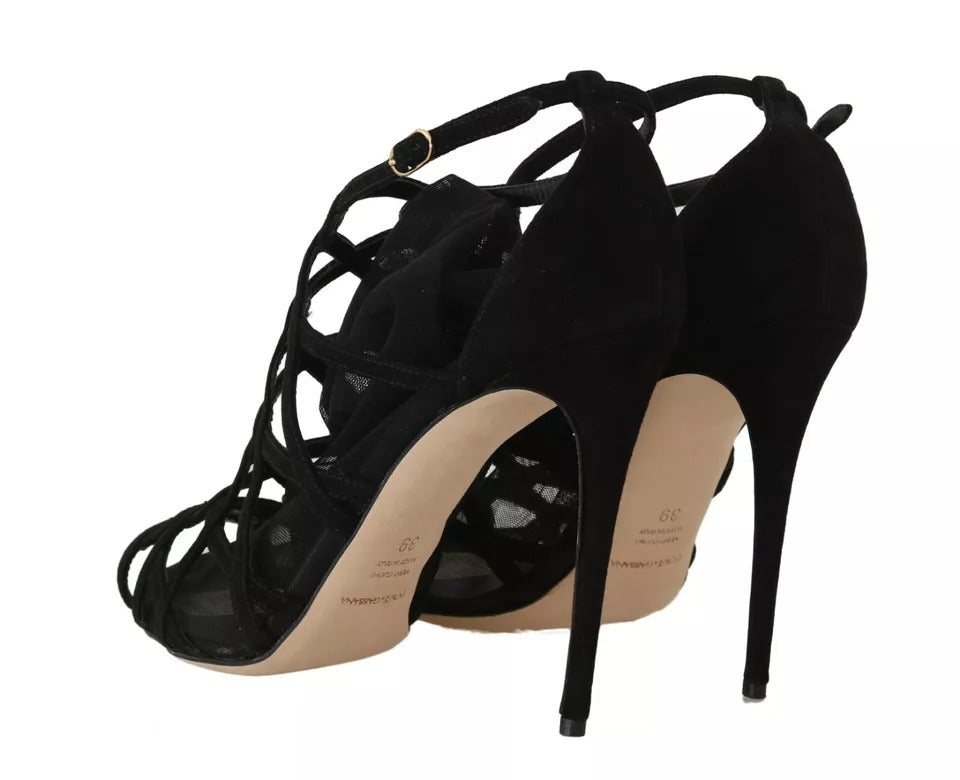 Chaussures Dolce & Gabbana en daim noir, bottines stilettos avec chaussettes intégrées, élégantes et sophistiquées.