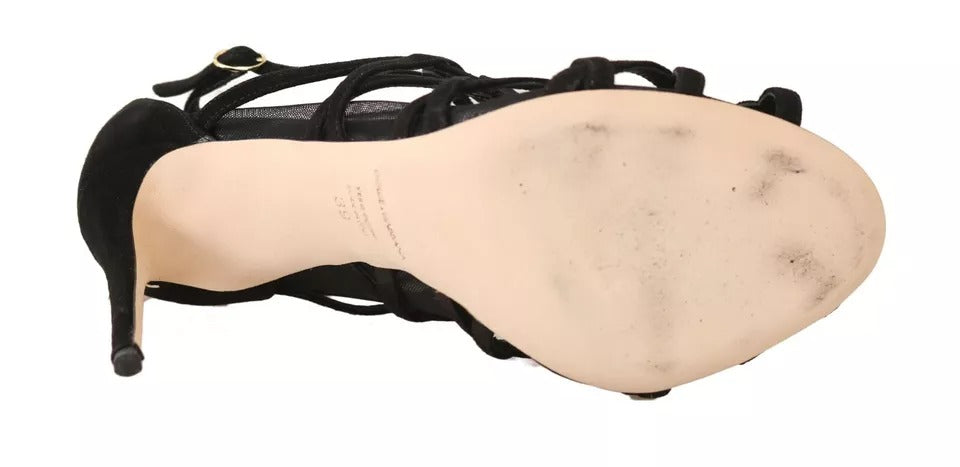 Chaussures Dolce & Gabbana en daim noir, bottines stilettos avec chaussettes intégrées, élégantes et sophistiquées.
