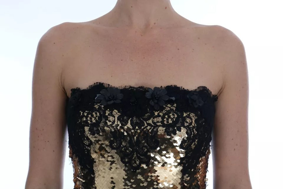Robe bustier Dolce & Gabbana orné de sequins dorés, dentelle élégante et détails scintillants, vue de face.